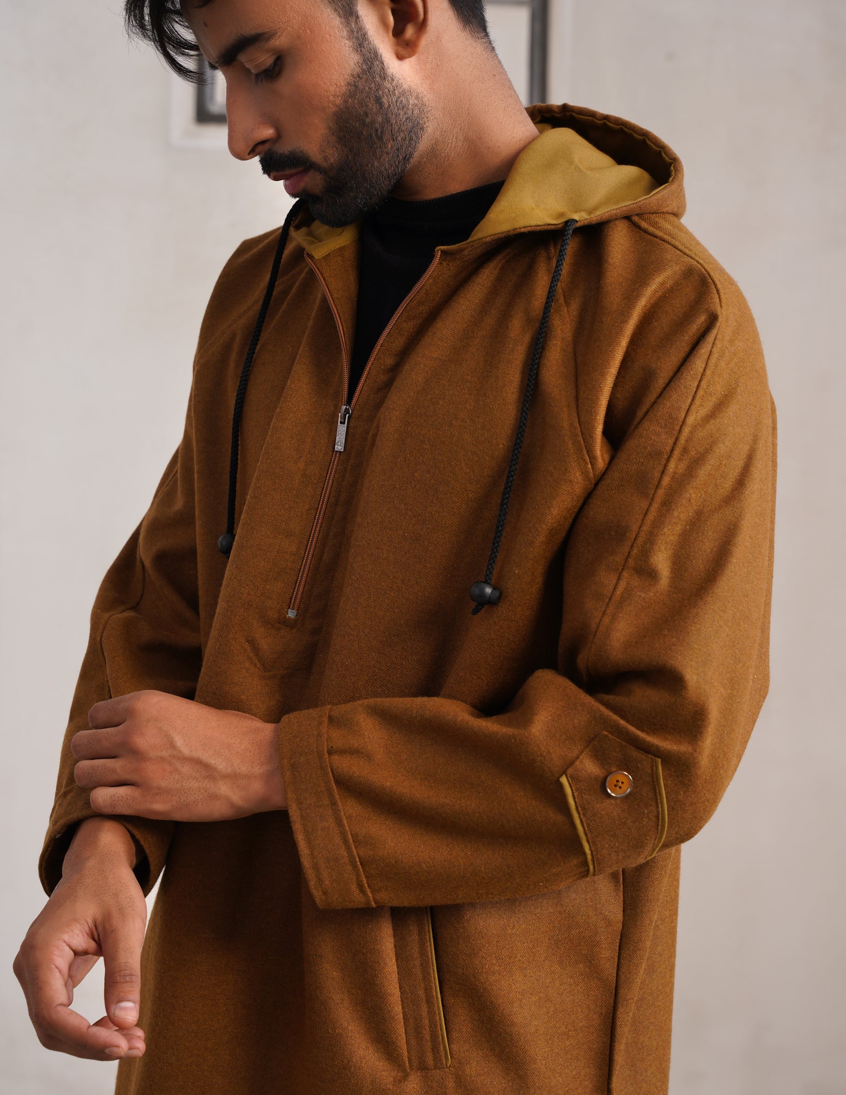 Brown Hooded Long Coat-Style Men’s Phiran – Kashmiri Tweed Winter Pheran | HAIDER - Kashmir Box