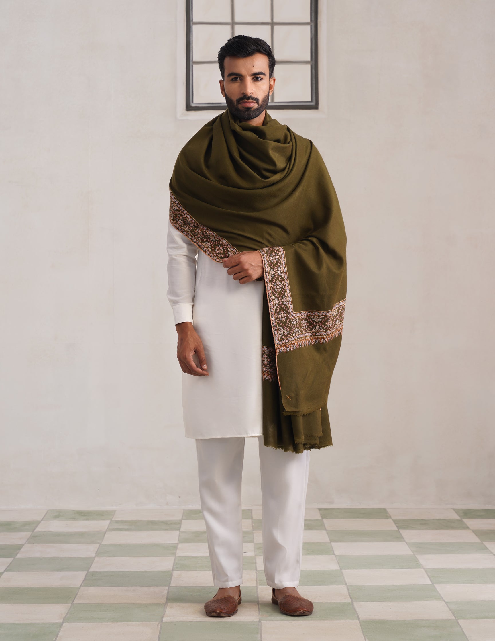 Olive Green Dordaar Pashmina Shawl – Multicolour Sozni Embroidery