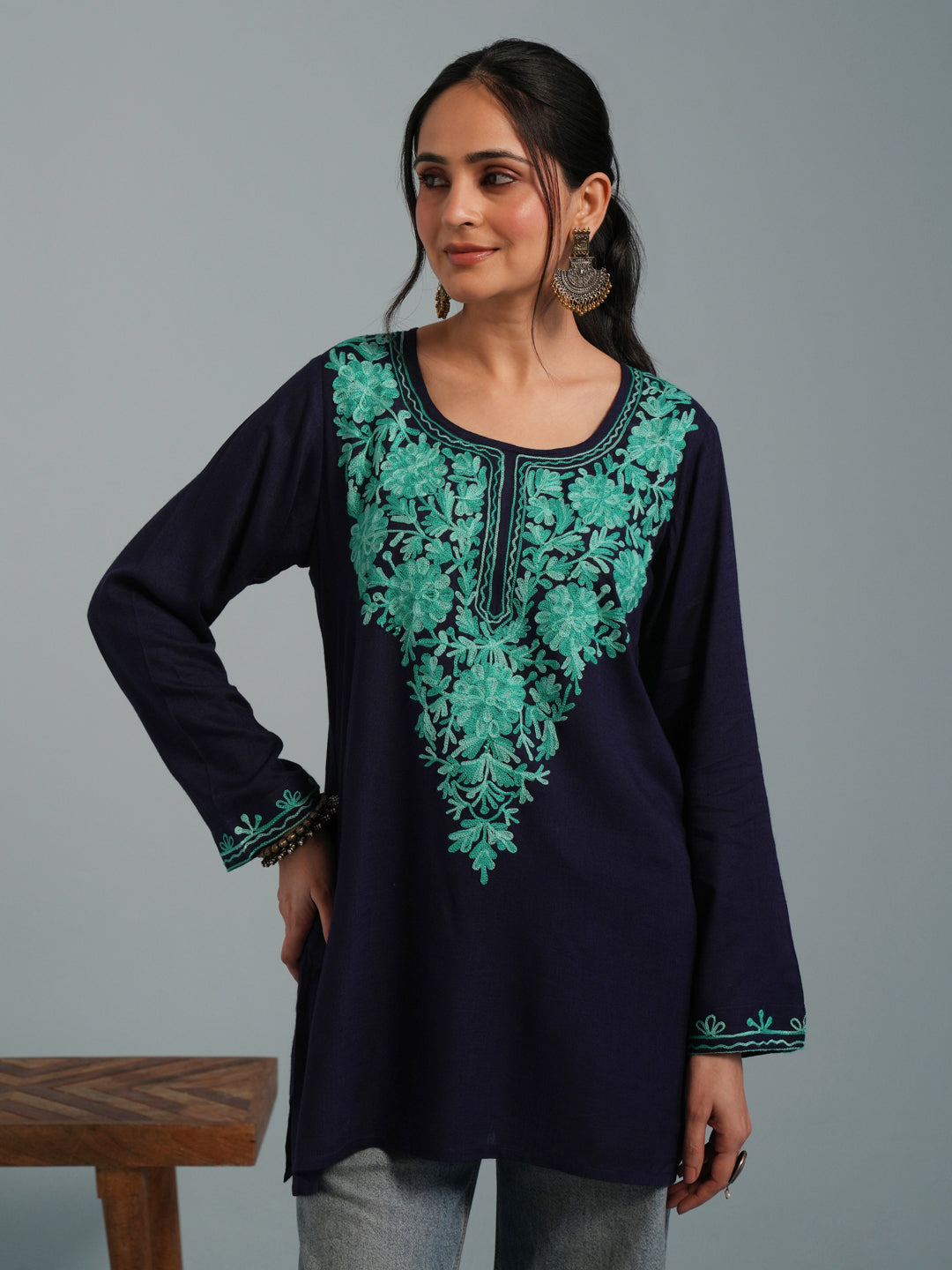 Navy Blue Kashmiri Aari Embroidered Rayon Kurta