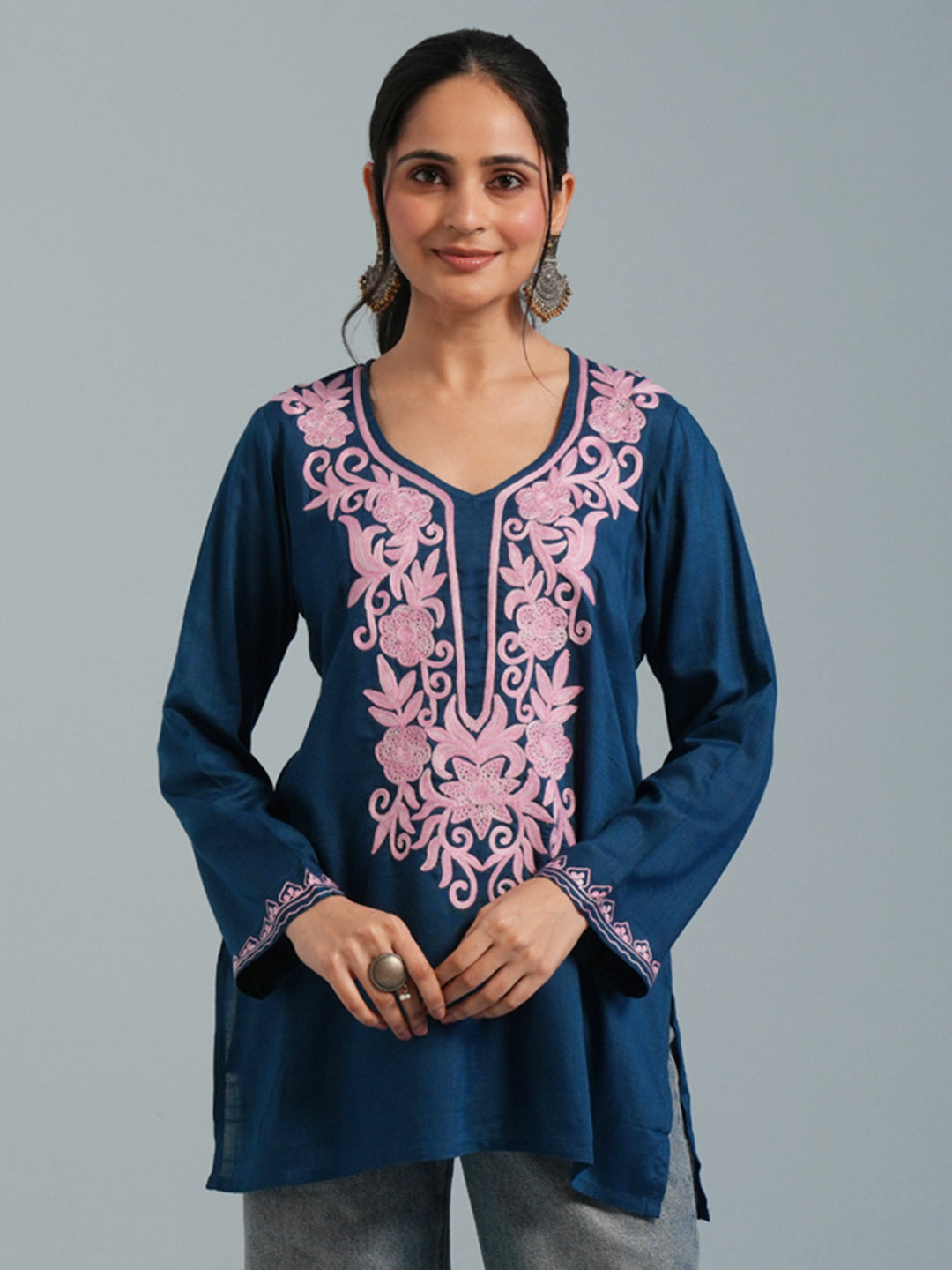 Blue Kashmiri Aari Embroidered Rayon Kurta