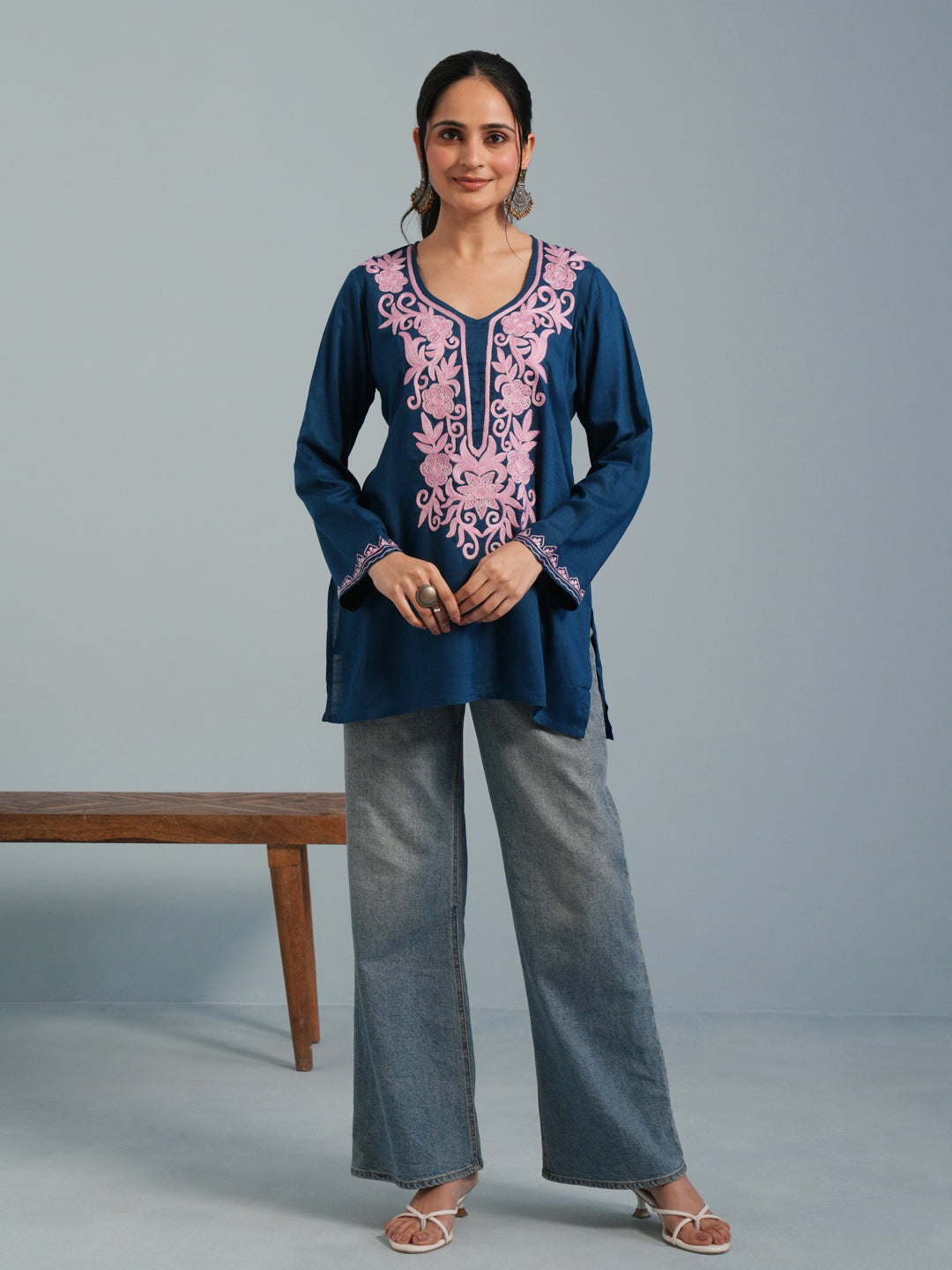 Blue Kashmiri Aari Embroidered Rayon Kurta