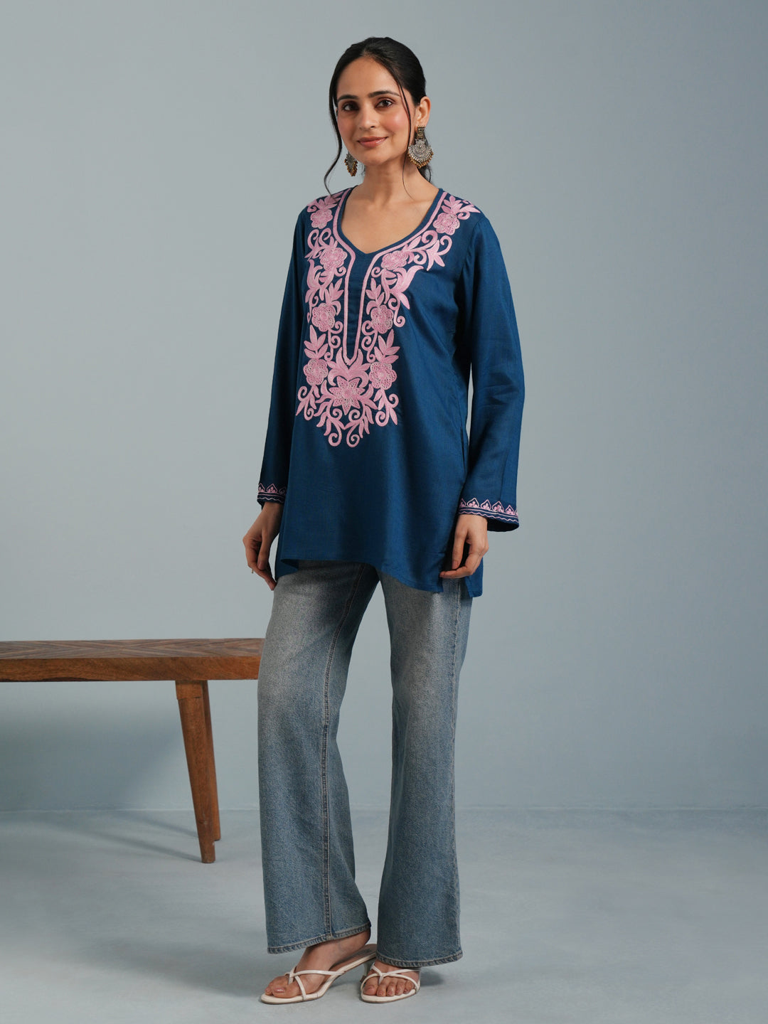 Blue Kashmiri Aari Embroidered Rayon Kurta