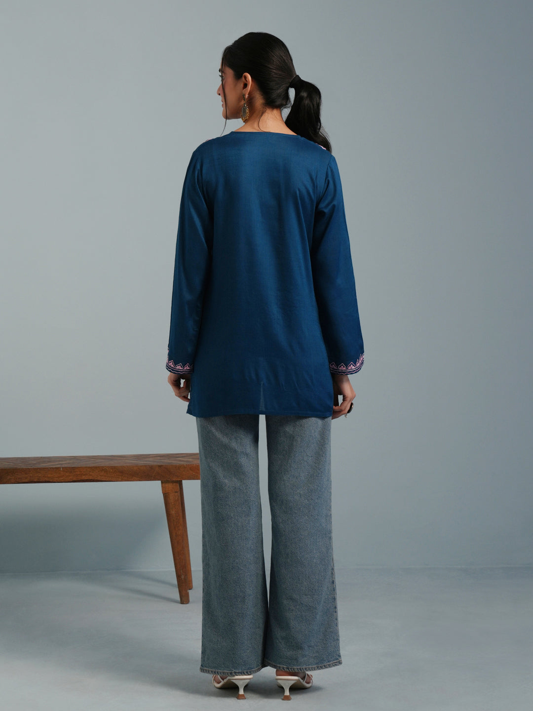 Blue Kashmiri Aari Embroidered Rayon Kurta