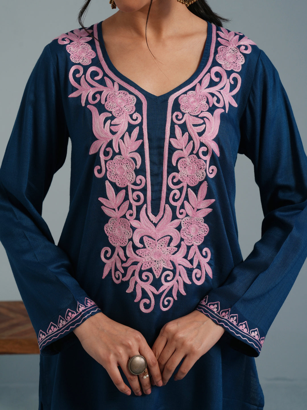 Blue Kashmiri Aari Embroidered Rayon Kurta