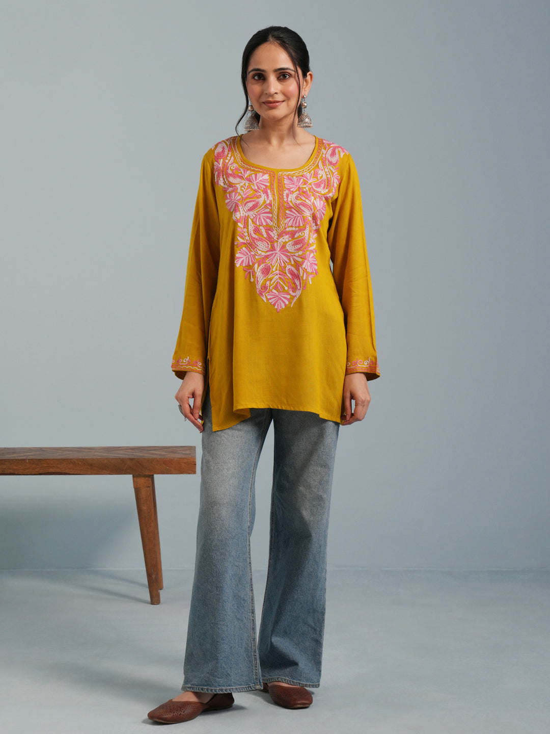 Olive Green Kashmiri Aari Embroidered Rayon Kurta