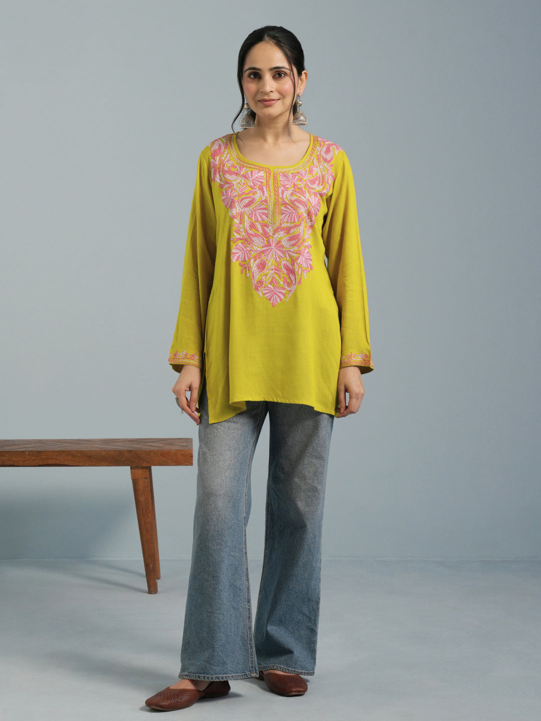 Mustard Yellow Aari Embroidered Viscose Rayon Kurta