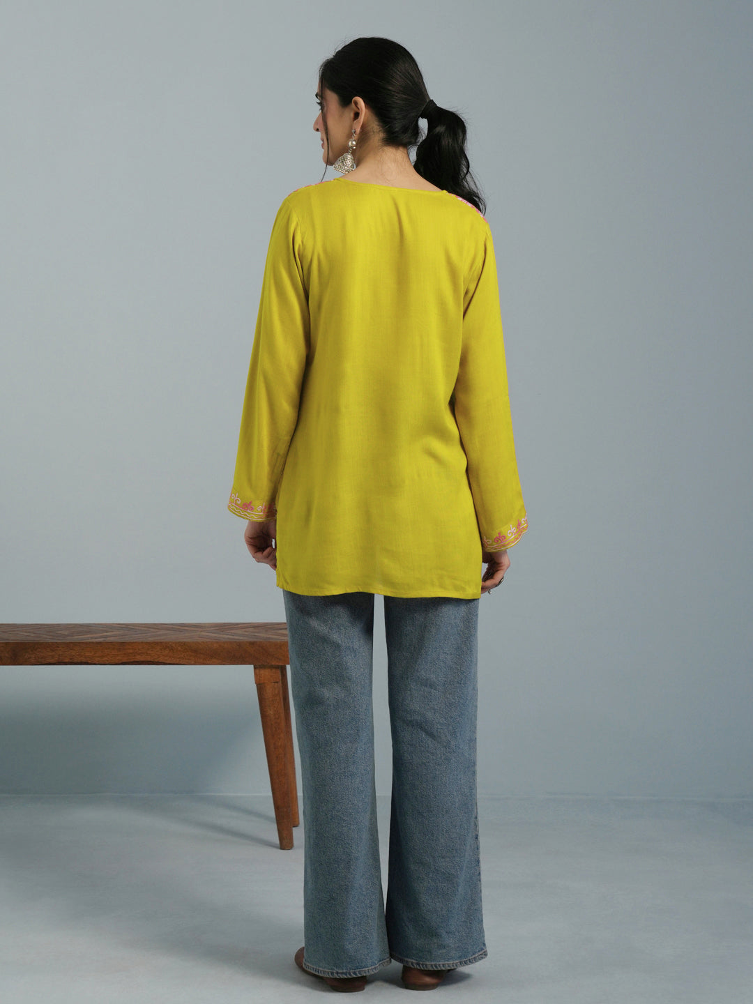 Mustard Yellow Aari Embroidered Viscose Rayon Kurta