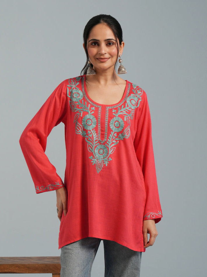 Red Orange Aari Embroidered Viscose Rayon Kurta