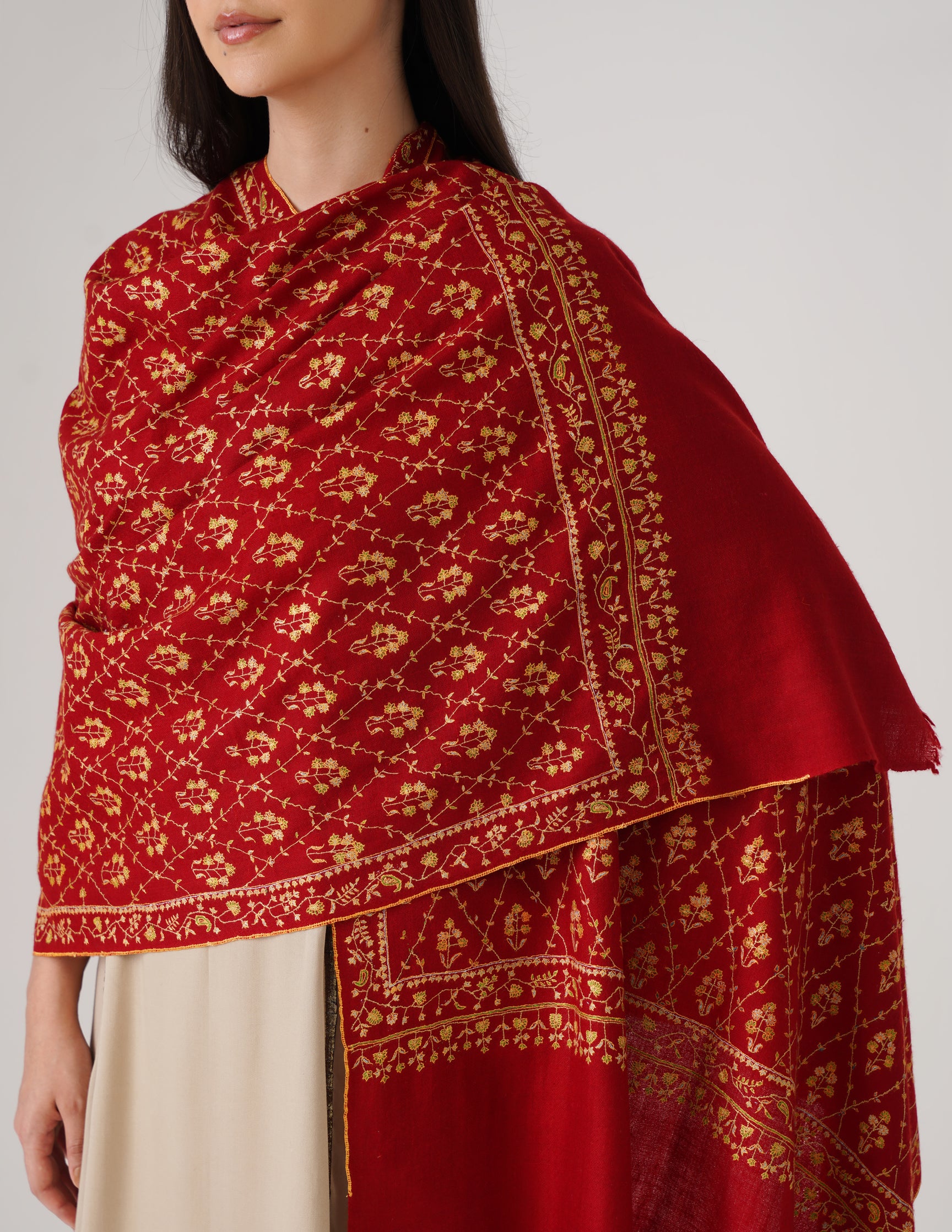 Kashmiri Handwoven Pashmina Sozni Stole Heavy Jaalidar – Radiant Red | Handwoven Heritage - Kashmir Box