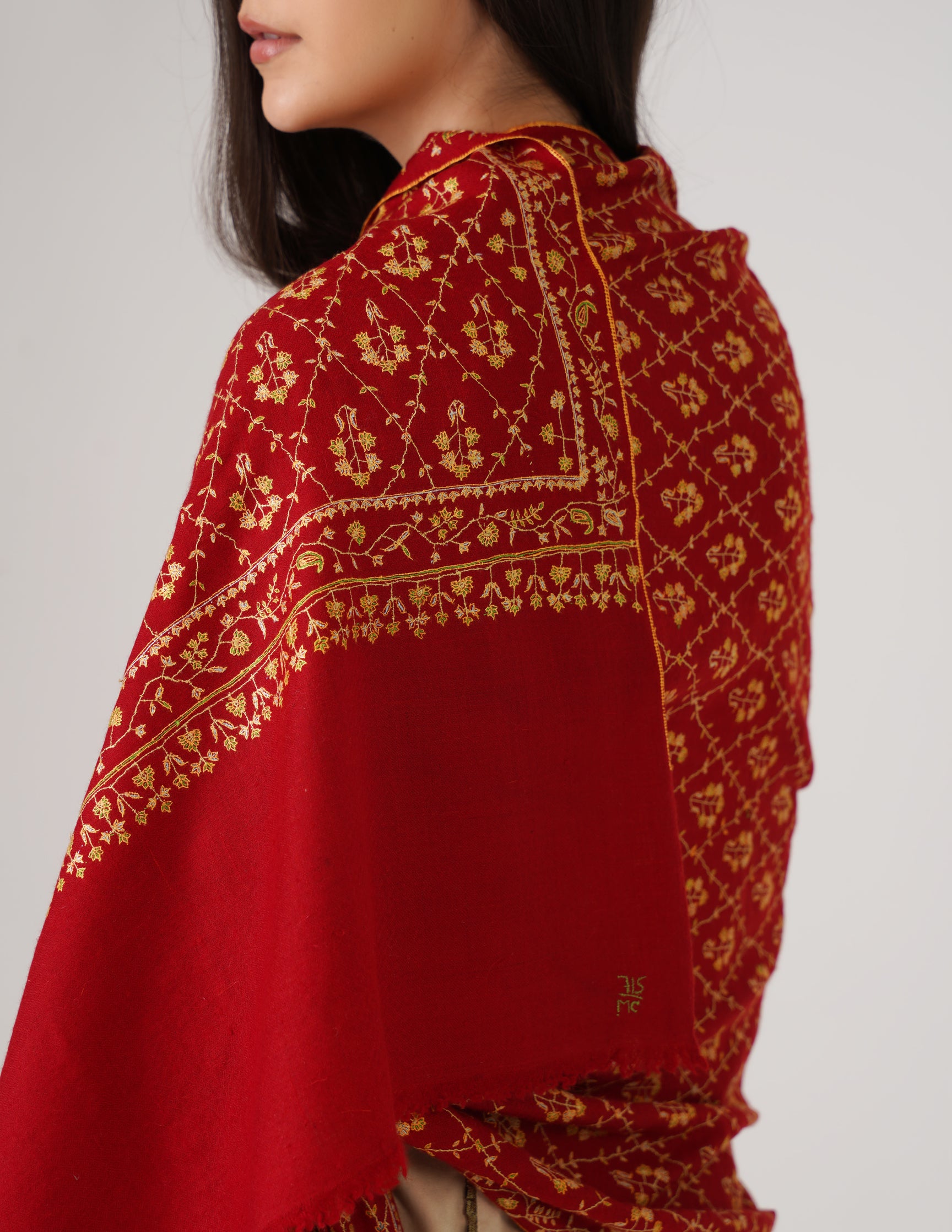Kashmiri Handwoven Pashmina Sozni Stole Heavy Jaalidar – Radiant Red | Handwoven Heritage - Kashmir Box