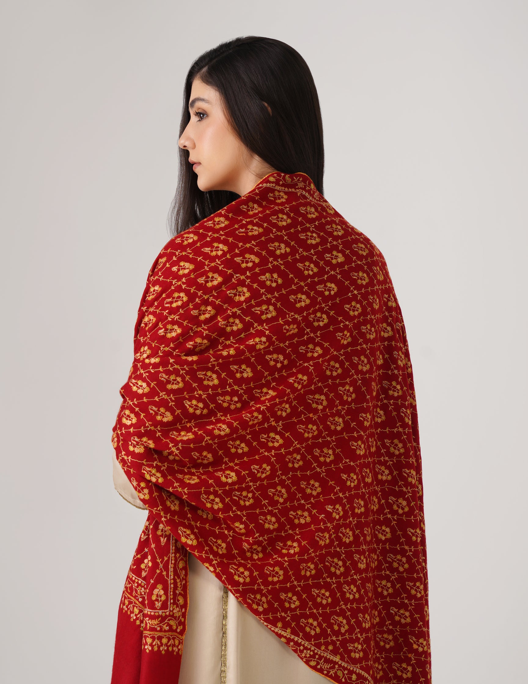 Kashmiri Handwoven Pashmina Sozni Stole Heavy Jaalidar – Radiant Red | Handwoven Heritage - Kashmir Box