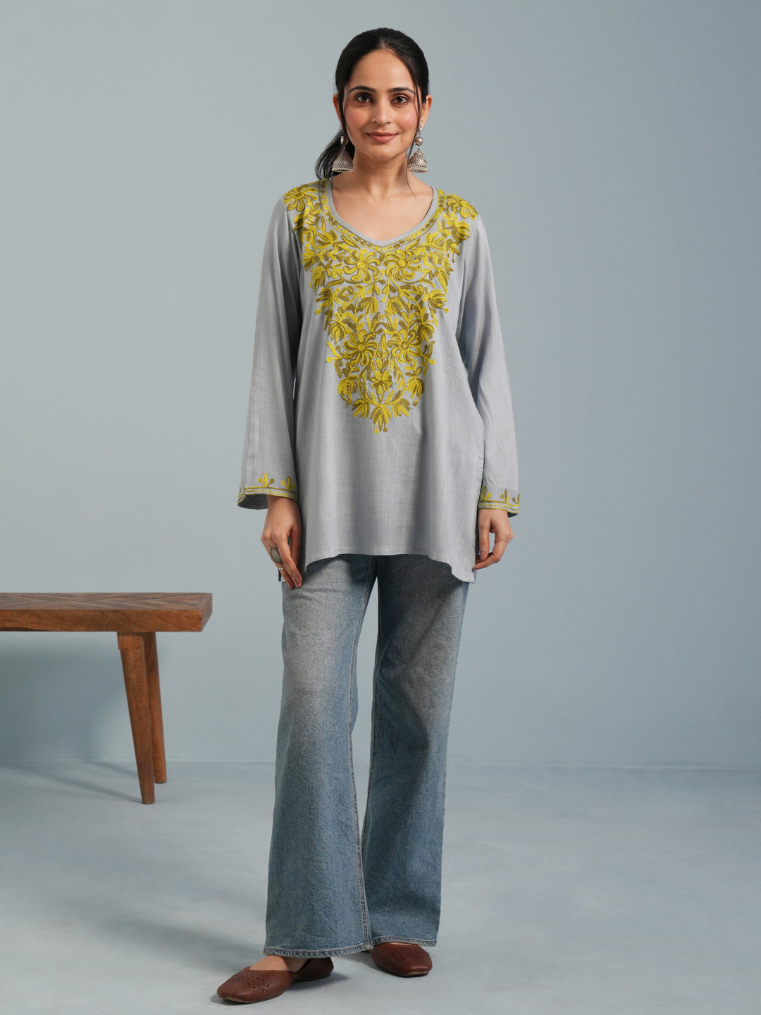Light Blue Kashmiri Aari Embroidered Rayon Kurta