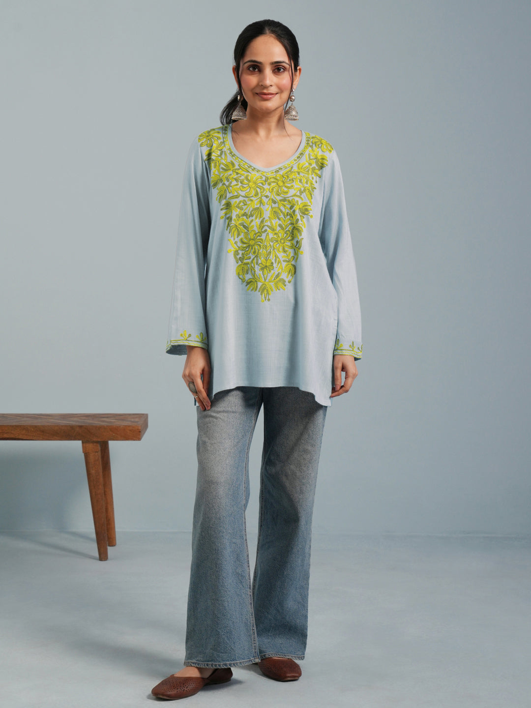 Light Blue Kashmiri Aari Embroidered Rayon Kurta