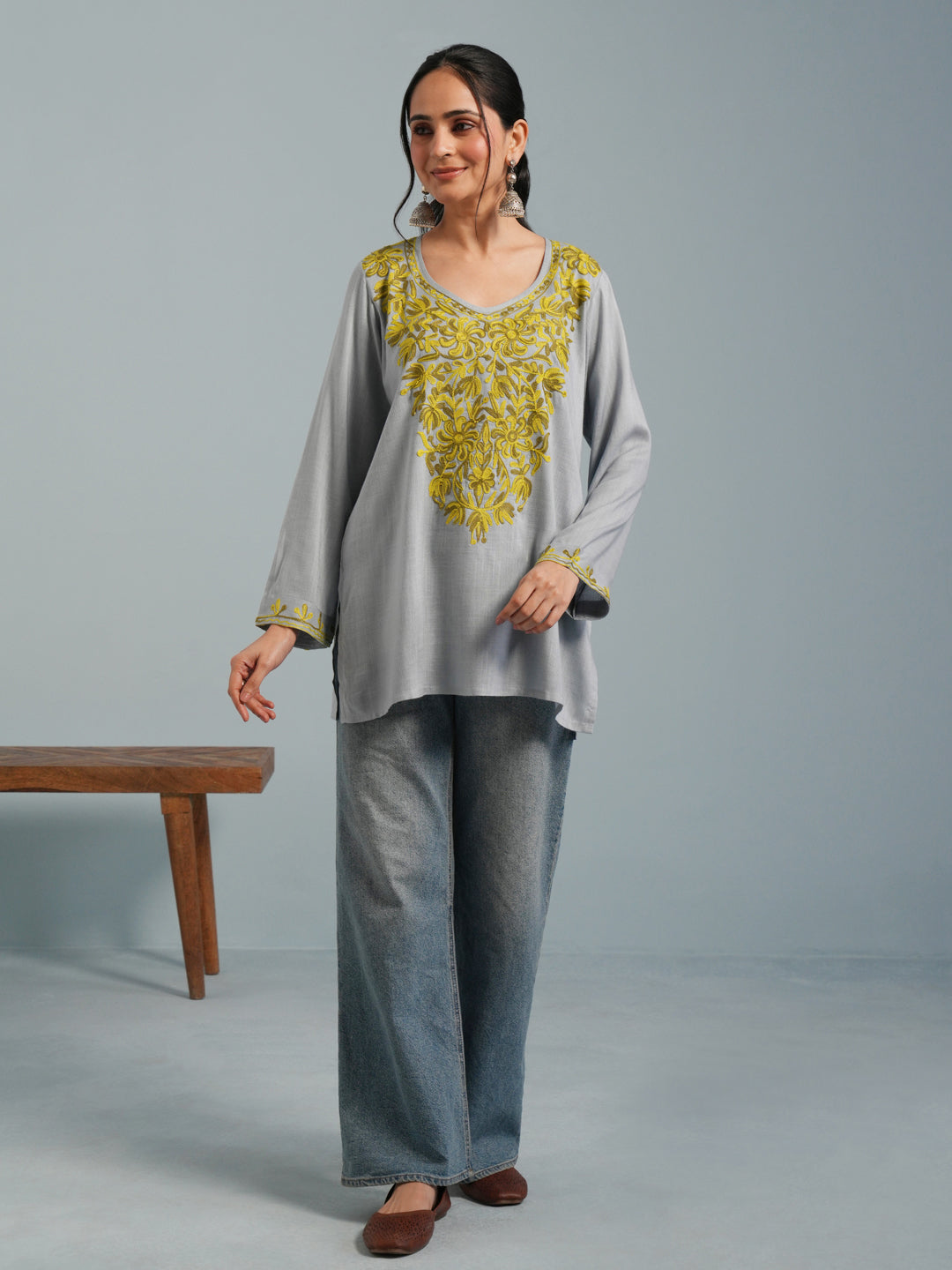 Light Blue Kashmiri Aari Embroidered Rayon Kurta