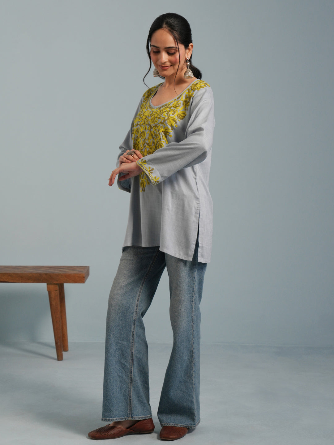 Light Blue Kashmiri Aari Embroidered Rayon Kurta