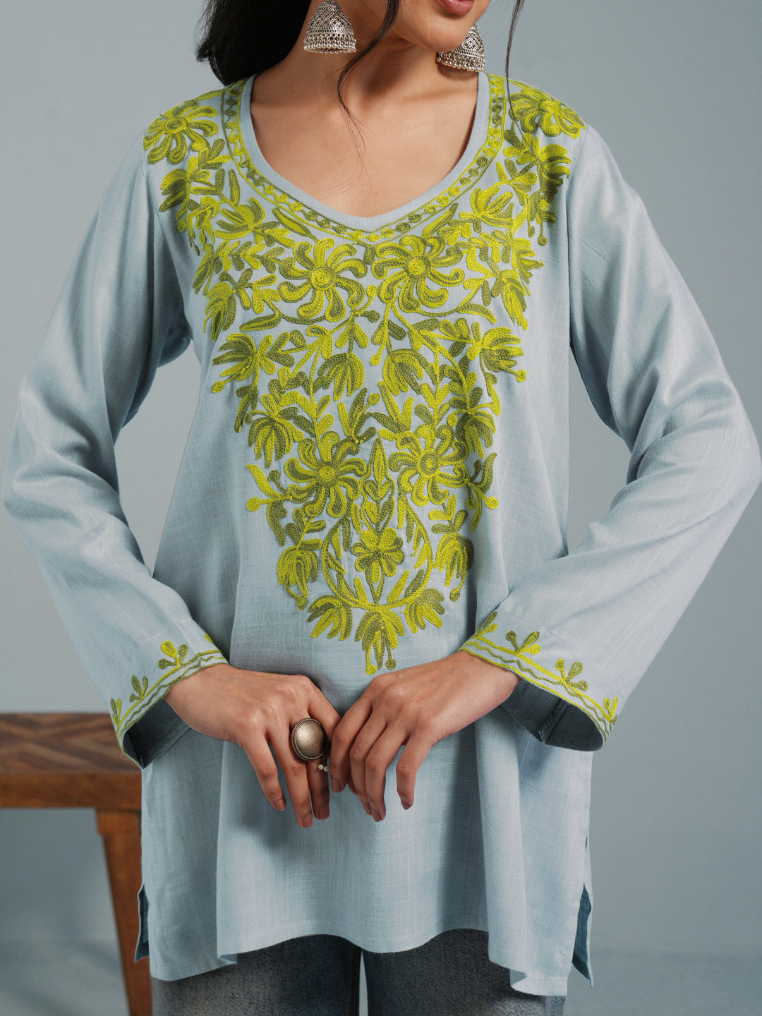 Light Blue Kashmiri Aari Embroidered Rayon Kurta