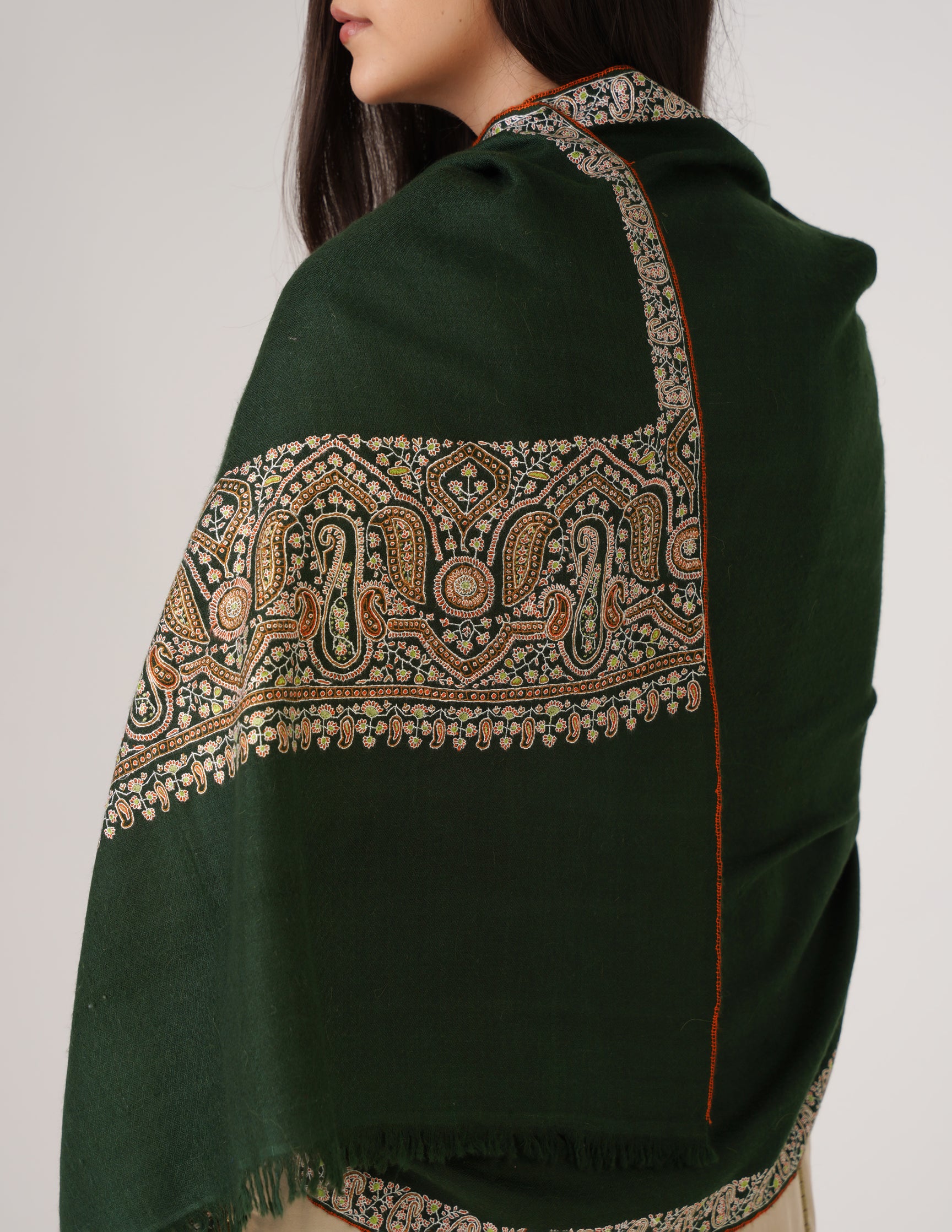 Kashmiri Handwoven Pashmina Sozni Stole Palladar – Bottle Green | Handwoven Heritage - Kashmir Box