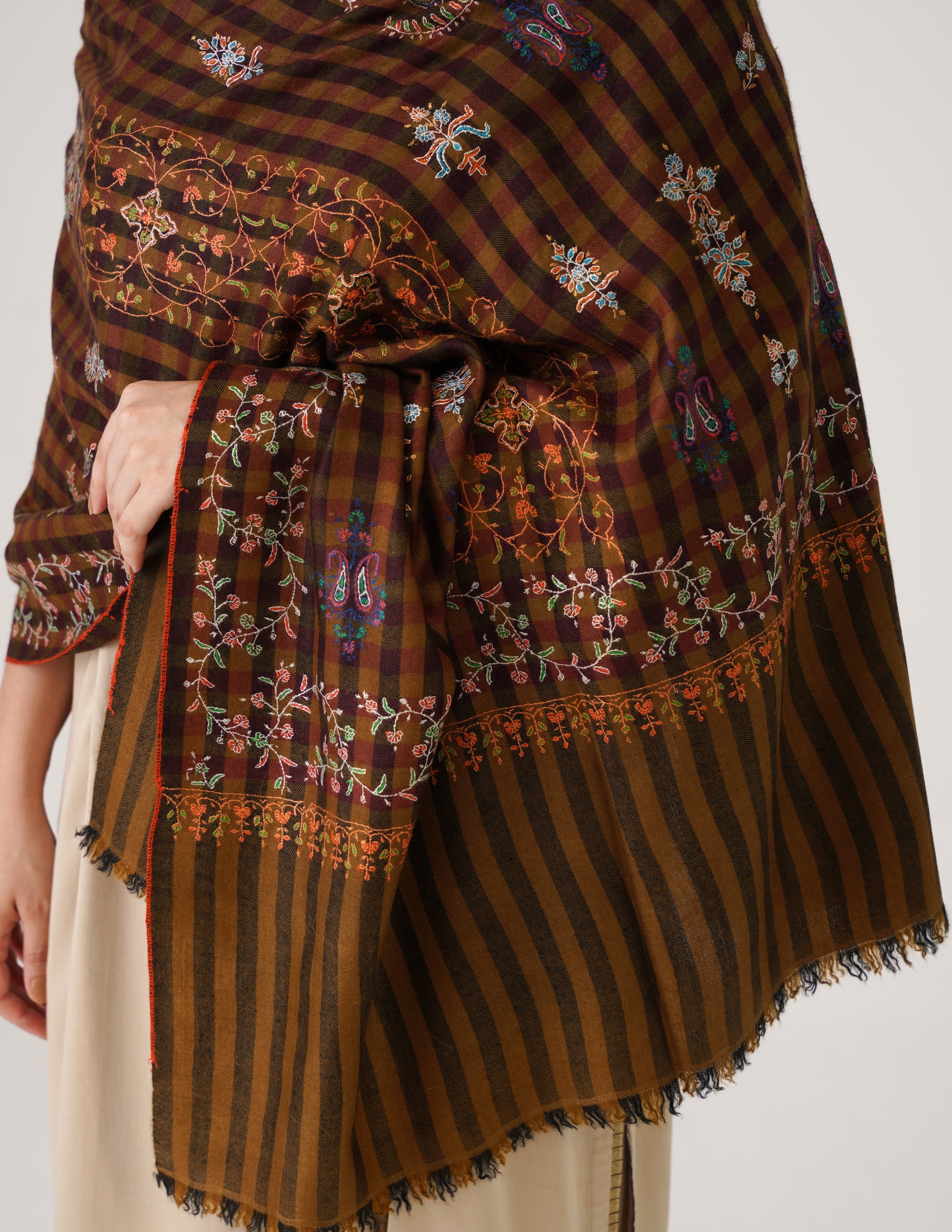 Kashmiri Handwoven Pashmina Sozni Stole Striped Modern – Mustard & Black | Handwoven Heritage - Kashmir Box