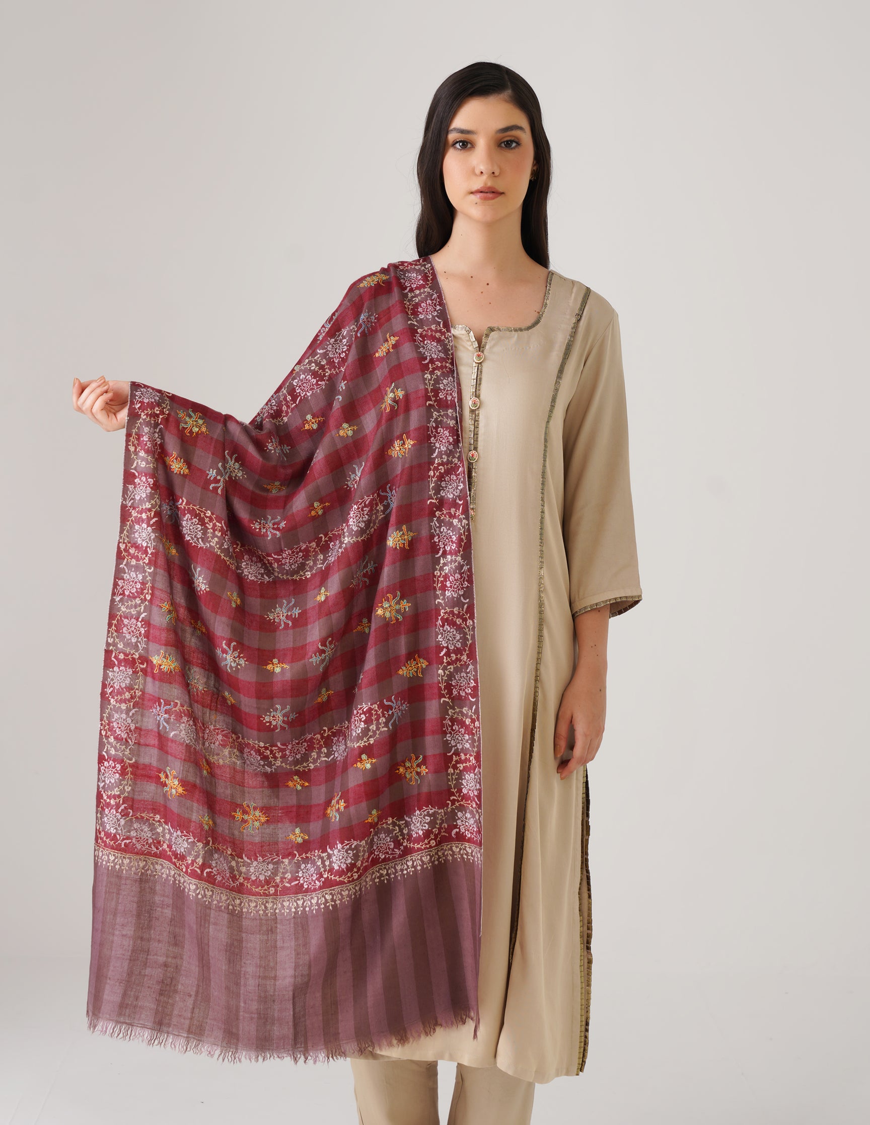 Kashmiri Handwoven Pashmina Sozni Stole Modern Check – Brown & Maroon | Handwoven Heritage - Kashmir Box
