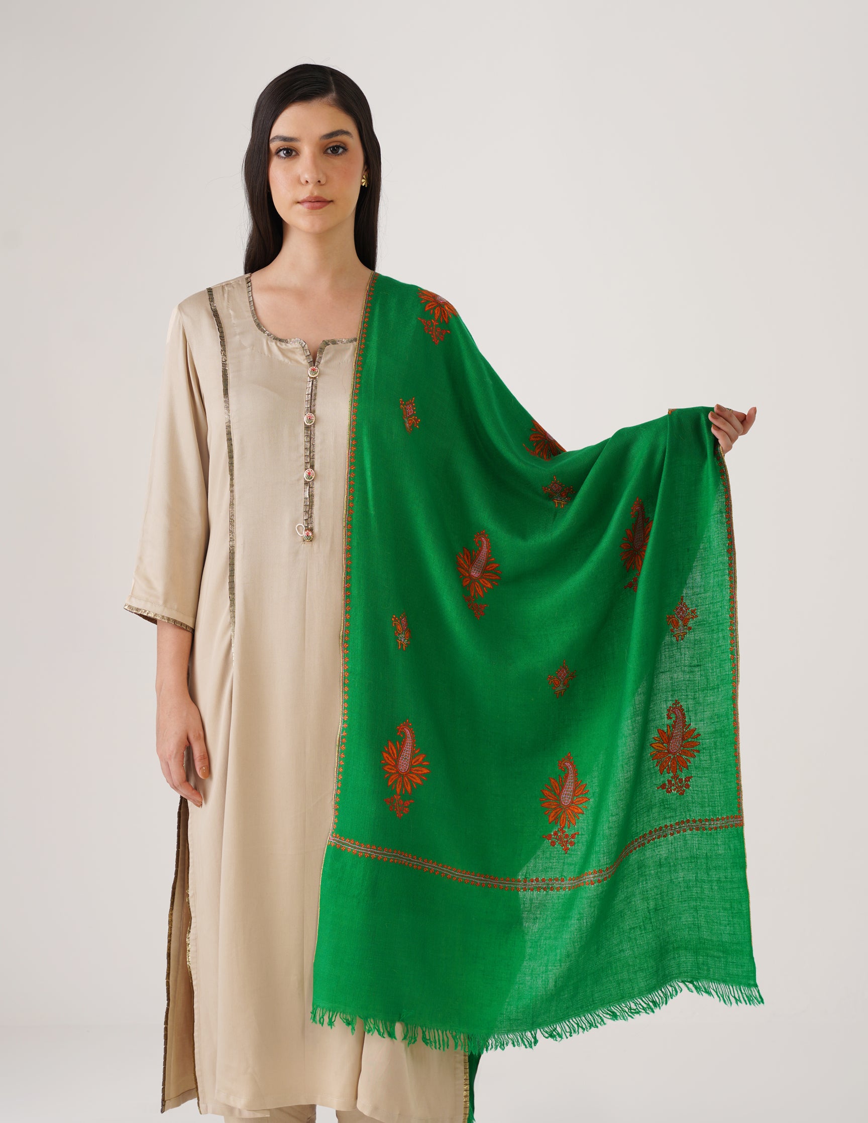 Kashmiri Handwoven Pashmina Sozni Stole Bootidar – Bright Green | Handwoven Heritage - Kashmir Box