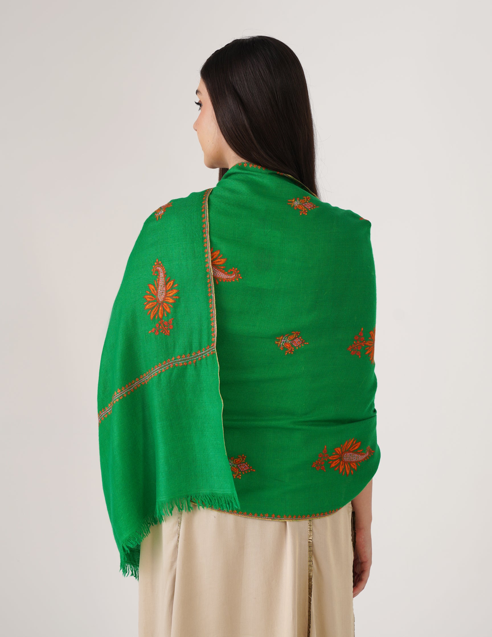 Kashmiri Handwoven Pashmina Sozni Stole Bootidar – Bright Green | Handwoven Heritage - Kashmir Box