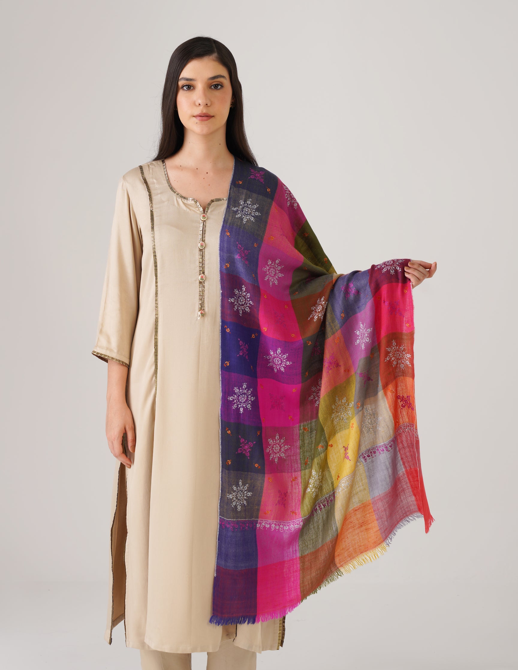 Kashmiri Handwoven Pashmina Sozni Stole Modern Check – Multicoloured | Handwoven Heritage - Kashmir Box