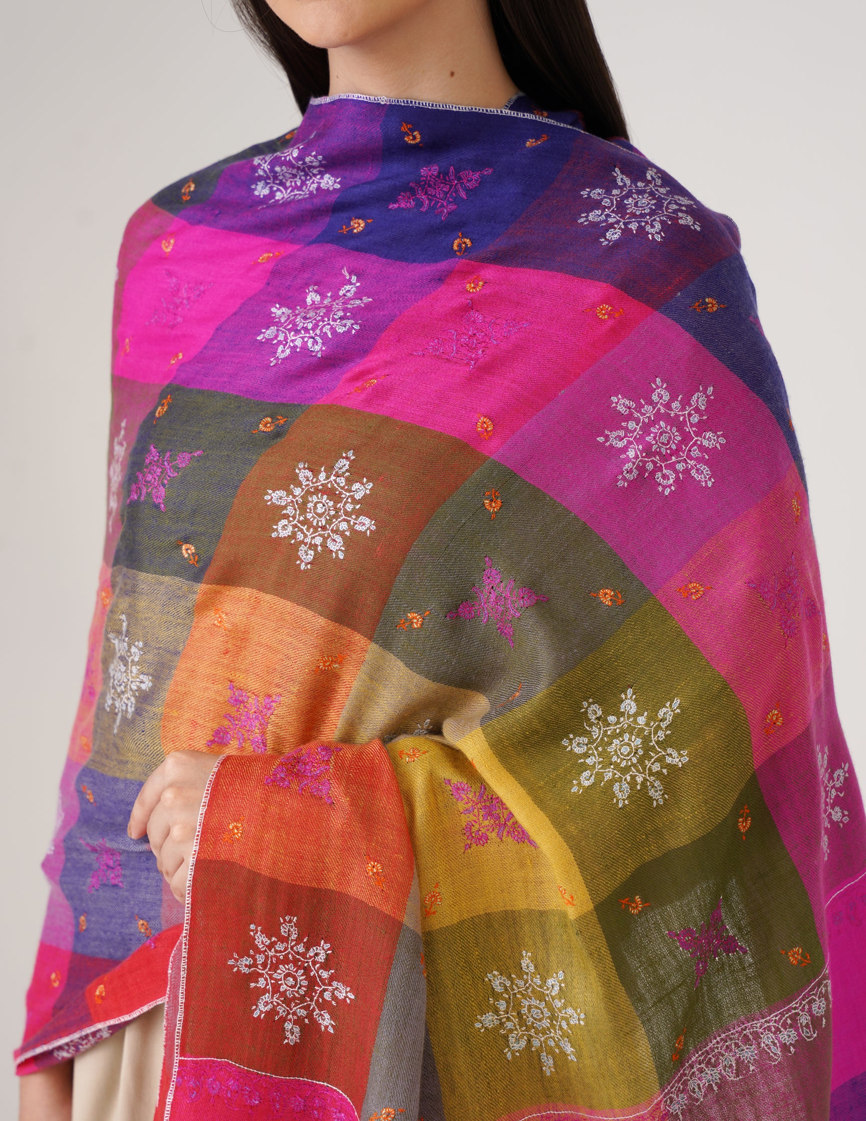 Kashmiri Handwoven Pashmina Sozni Stole Modern Check – Multicoloured | Handwoven Heritage - Kashmir Box