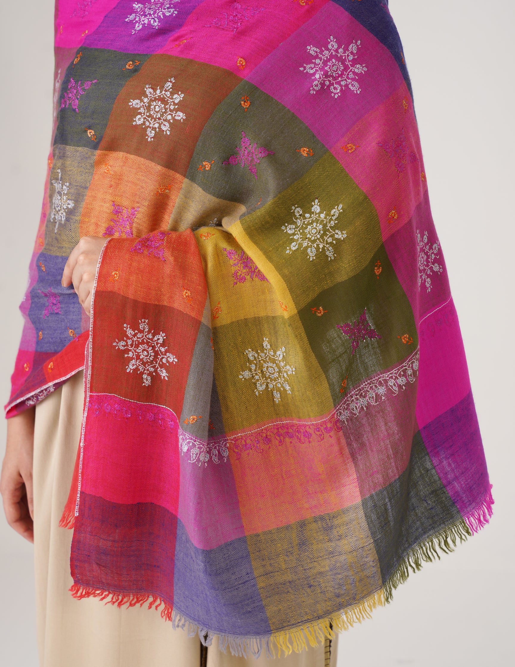 Kashmiri Handwoven Pashmina Sozni Stole Modern Check – Multicoloured | Handwoven Heritage - Kashmir Box