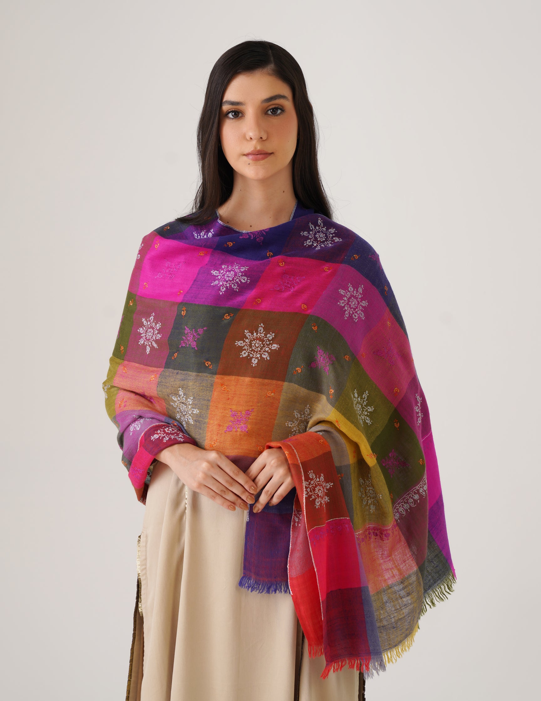 Kashmiri Handwoven Pashmina Sozni Stole Modern Check – Multicoloured | Handwoven Heritage - Kashmir Box