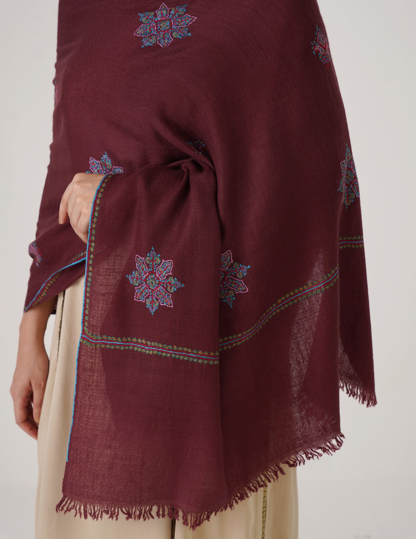 Kashmiri Handwoven Pashmina Sozni Stole Bootidar – Grape Wine | Handwoven Heritage - Kashmir Box