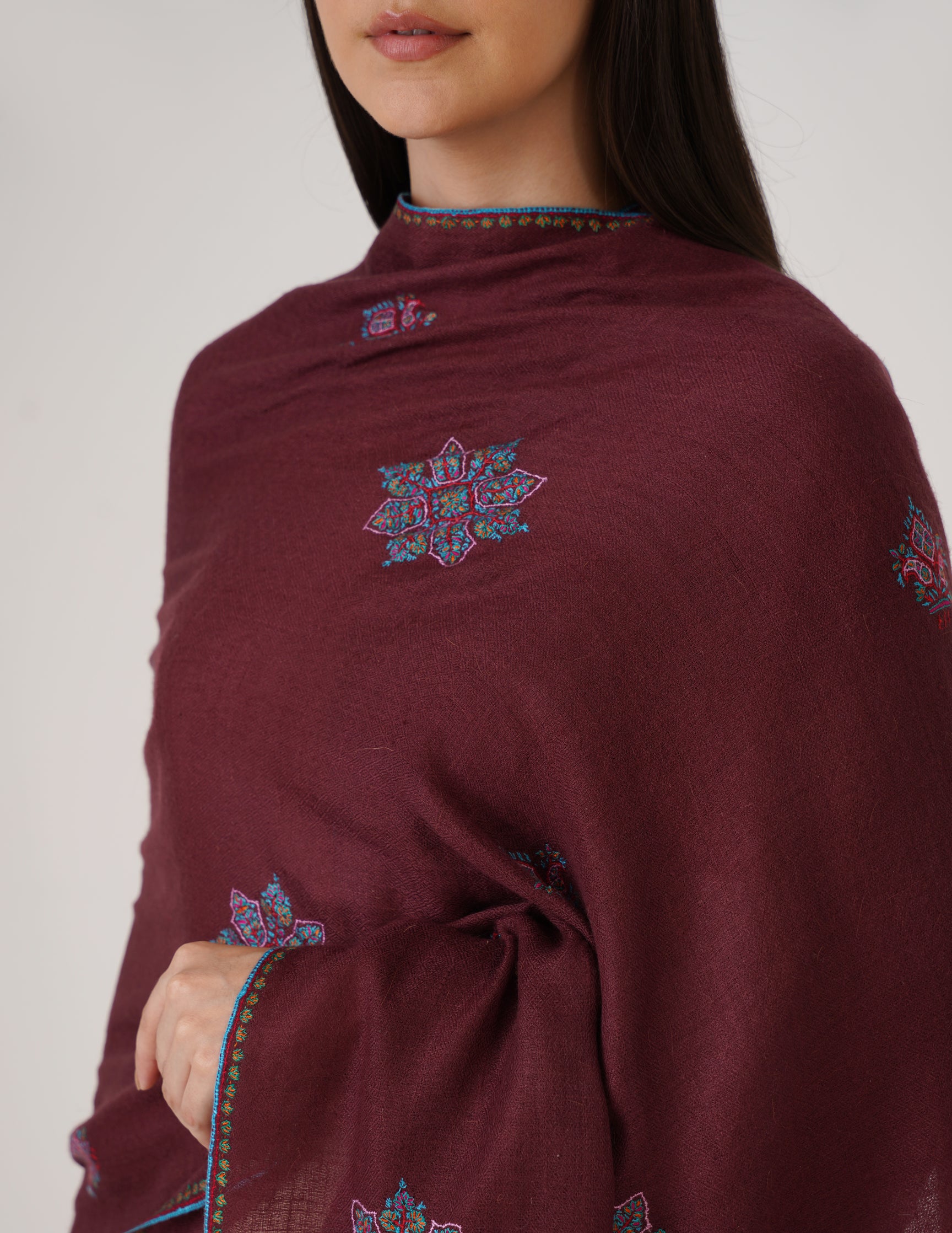Kashmiri Handwoven Pashmina Sozni Stole Bootidar – Grape Wine | Handwoven Heritage - Kashmir Box