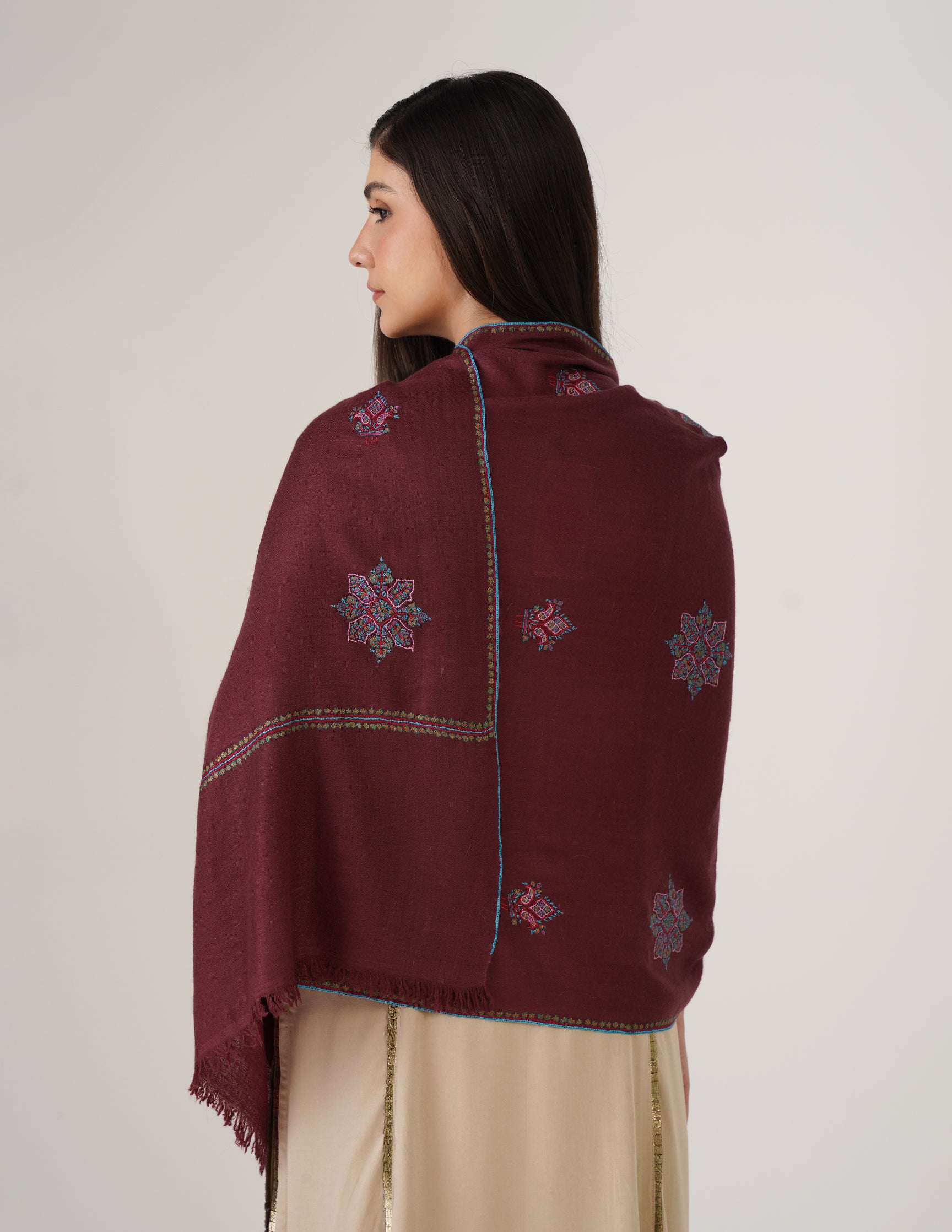 Kashmiri Handwoven Pashmina Sozni Stole Bootidar – Grape Wine | Handwoven Heritage - Kashmir Box