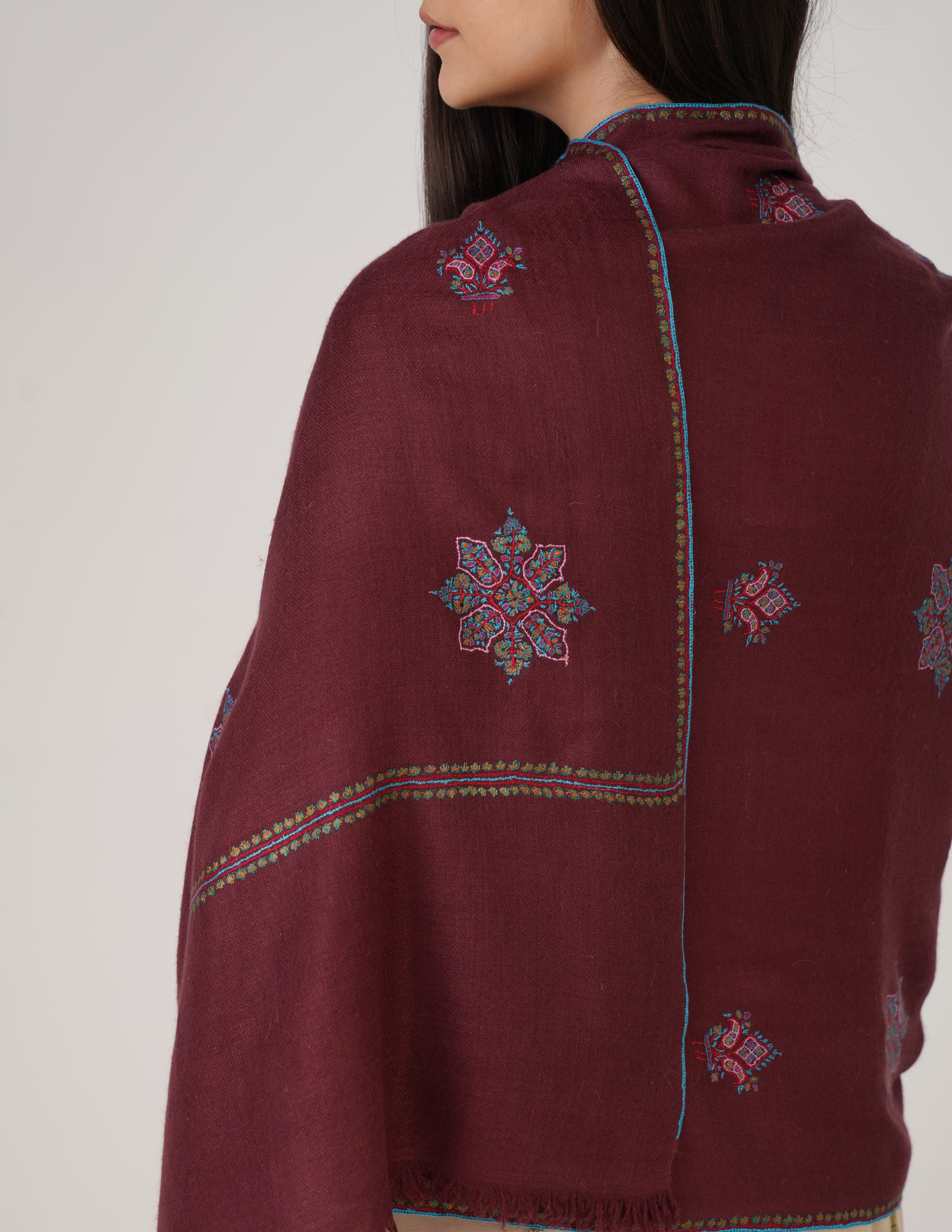 Kashmiri Handwoven Pashmina Sozni Stole Bootidar – Grape Wine | Handwoven Heritage - Kashmir Box