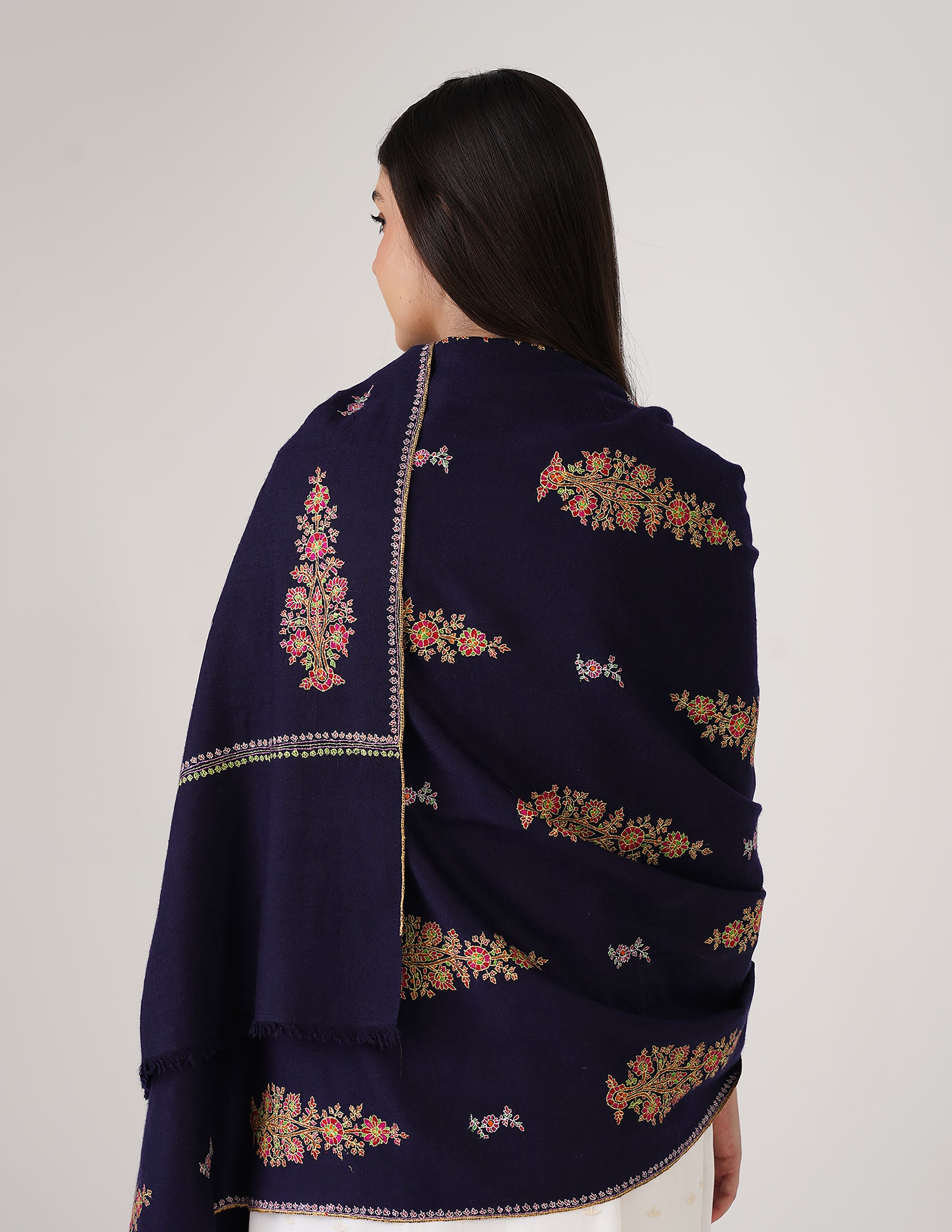 Kashmiri Handwoven Pashmina Sozni Shawl Bootidar – Navy Blue | Handwoven Heritage - Kashmir Box
