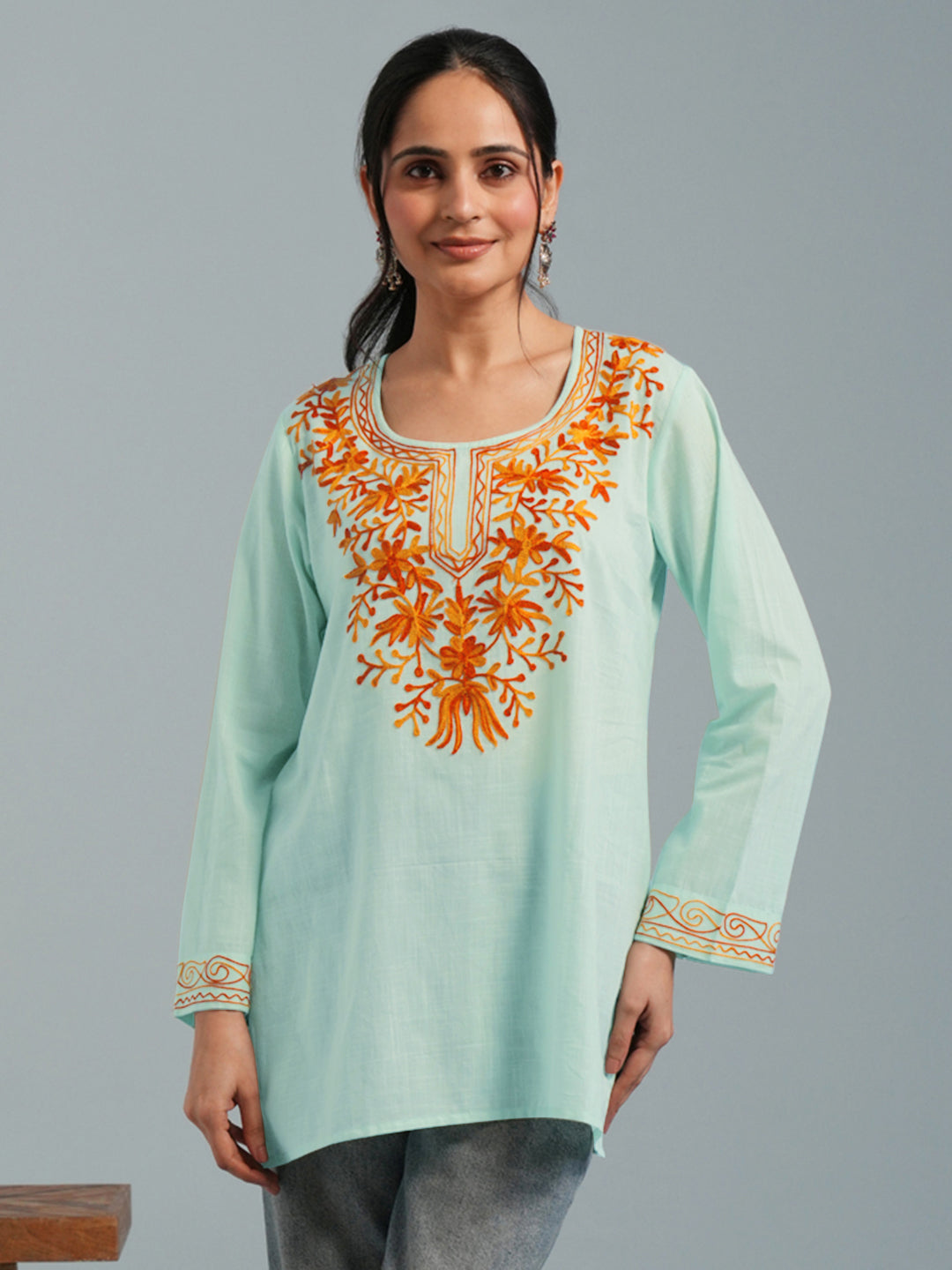 Light Green Kashmiri Aari Embroidered Rayon Kurta