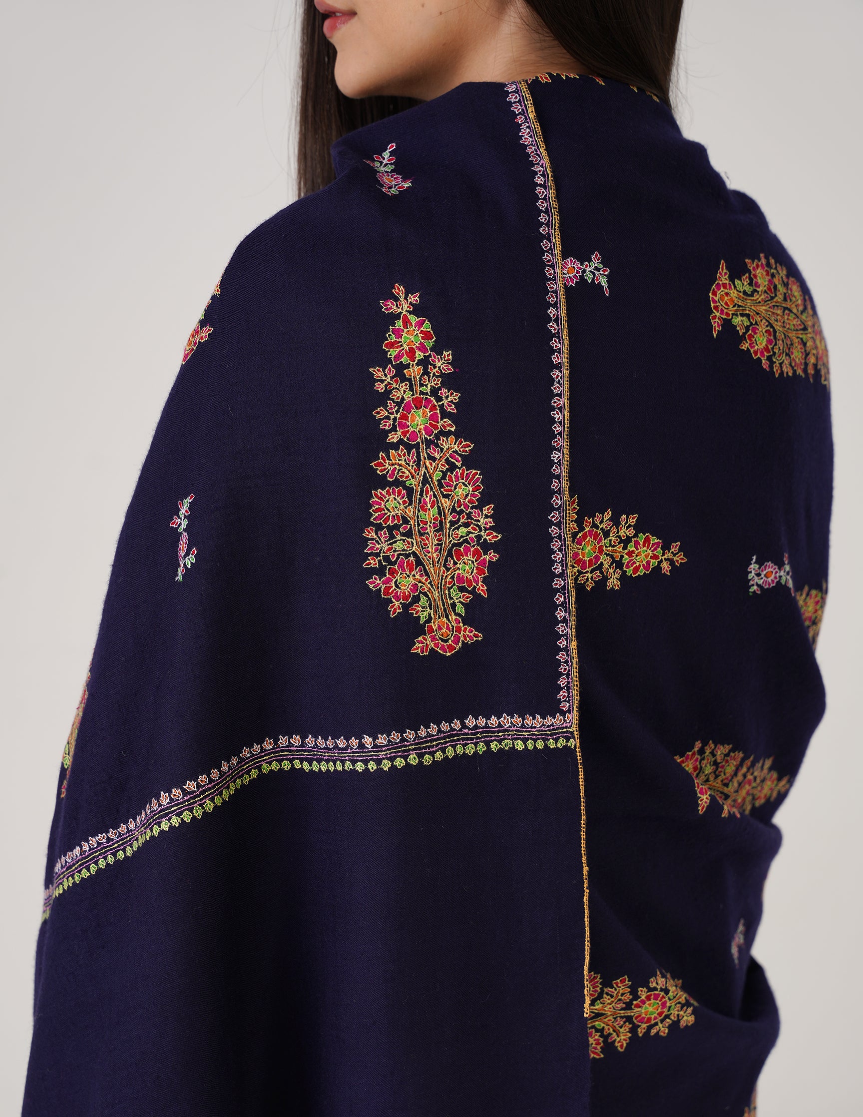 Kashmiri Handwoven Pashmina Sozni Shawl Bootidar – Navy Blue | Handwoven Heritage - Kashmir Box