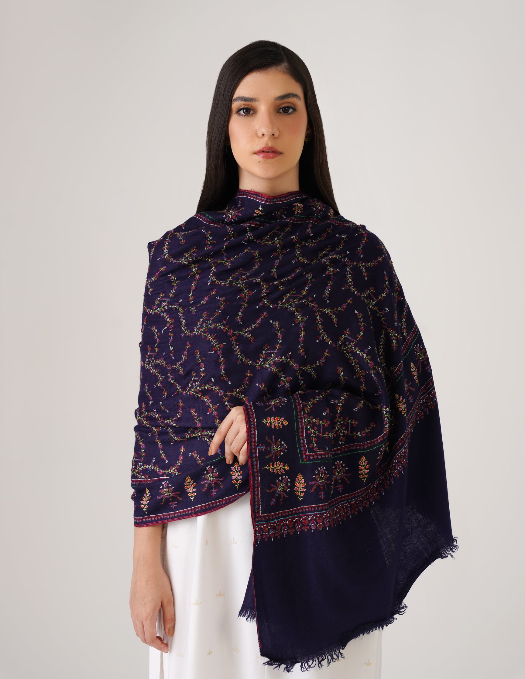 Kashmiri Handwoven Pashmina Sozni Stole Jaalidar Modern – Navy Blue | Handwoven Heritage - Kashmir Box