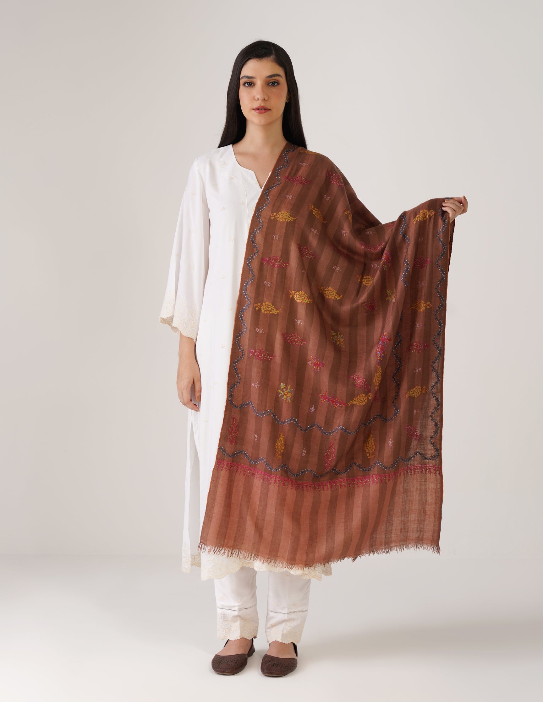 Kashmiri Handwoven Pashmina Sozni Stole Modern Stripes – Rustic Clove Brown | Handwoven Heritage - Kashmir Box