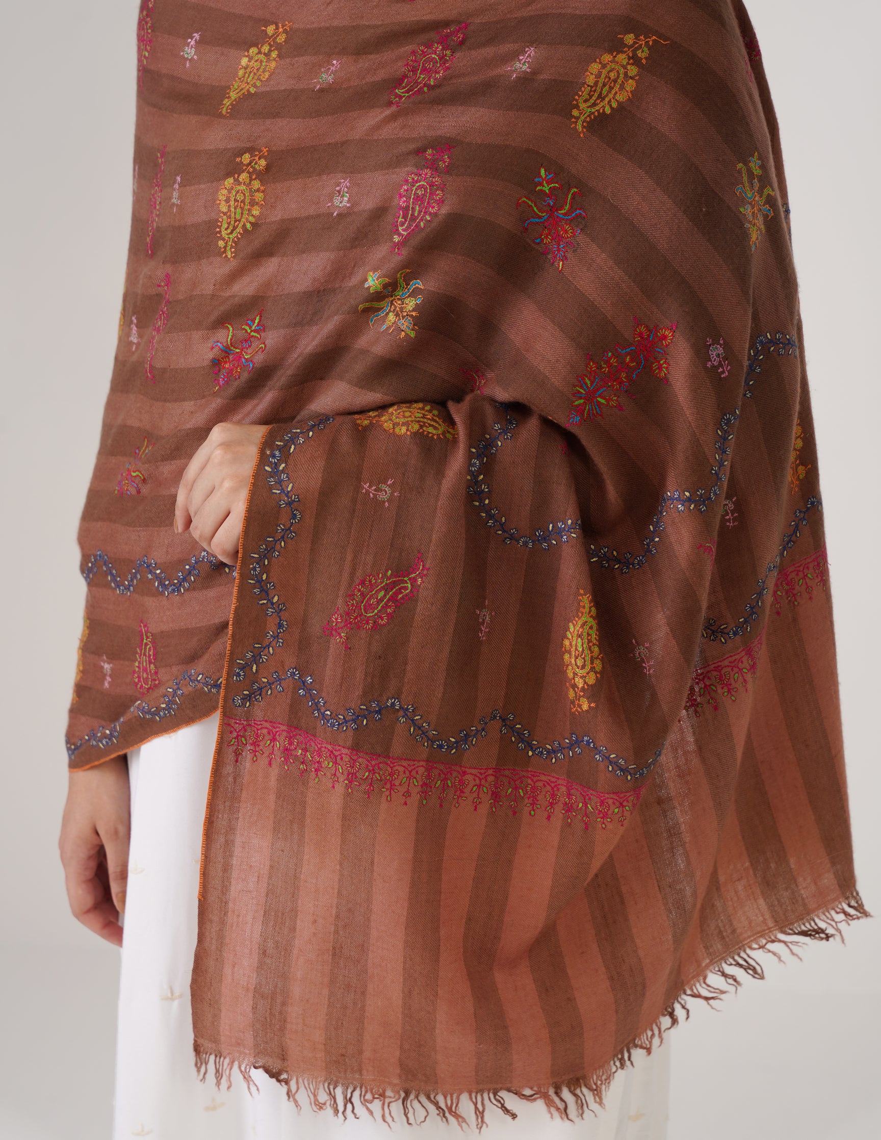 Kashmiri Handwoven Pashmina Sozni Stole Modern Stripes – Rustic Clove Brown | Handwoven Heritage - Kashmir Box