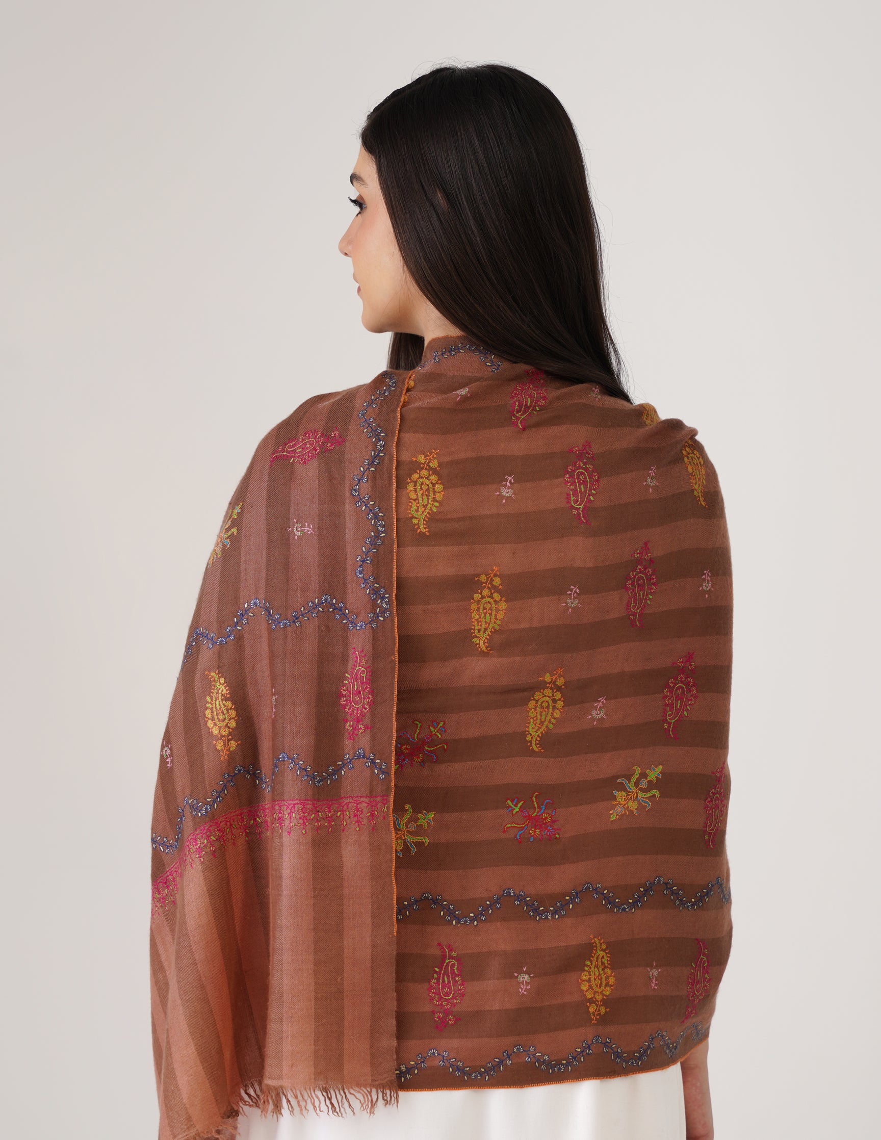 Kashmiri Handwoven Pashmina Sozni Stole Modern Stripes – Rustic Clove Brown | Handwoven Heritage - Kashmir Box