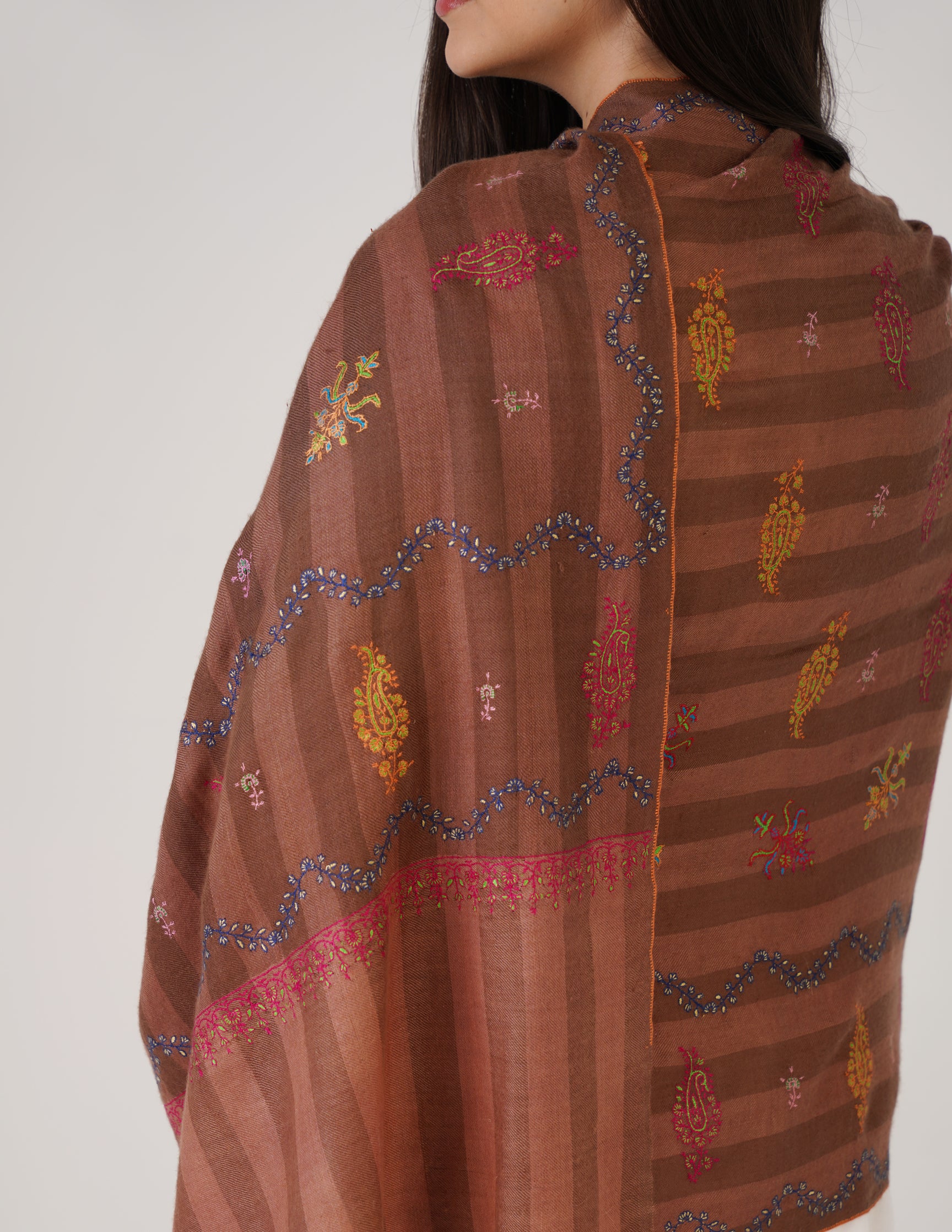 Kashmiri Handwoven Pashmina Sozni Stole Modern Stripes – Rustic Clove Brown | Handwoven Heritage - Kashmir Box