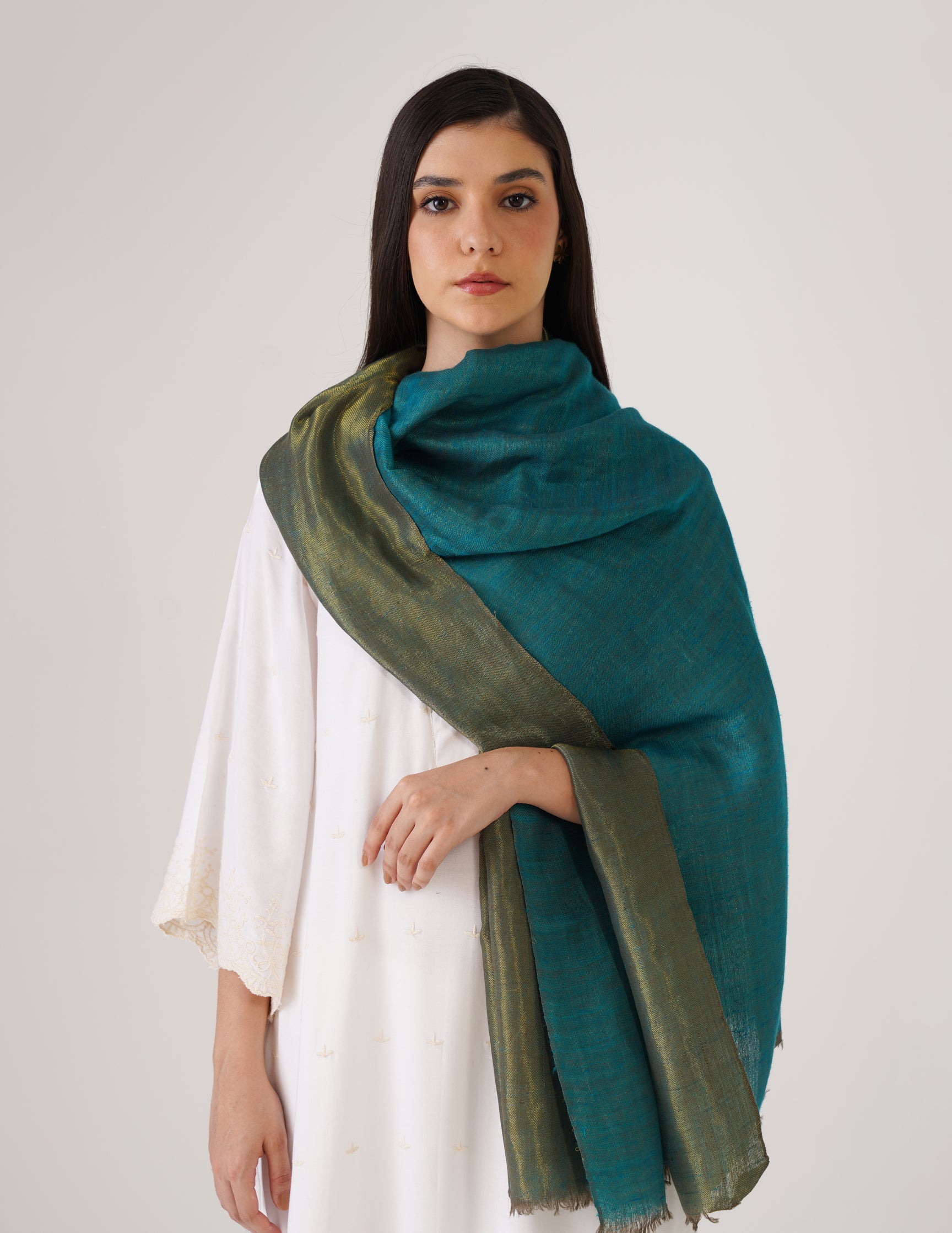 Kashmiri Handwoven Pashmina Reversible Stole – Turkish Blue & Metallic Golden | Handwoven Heritage - Kashmir Box