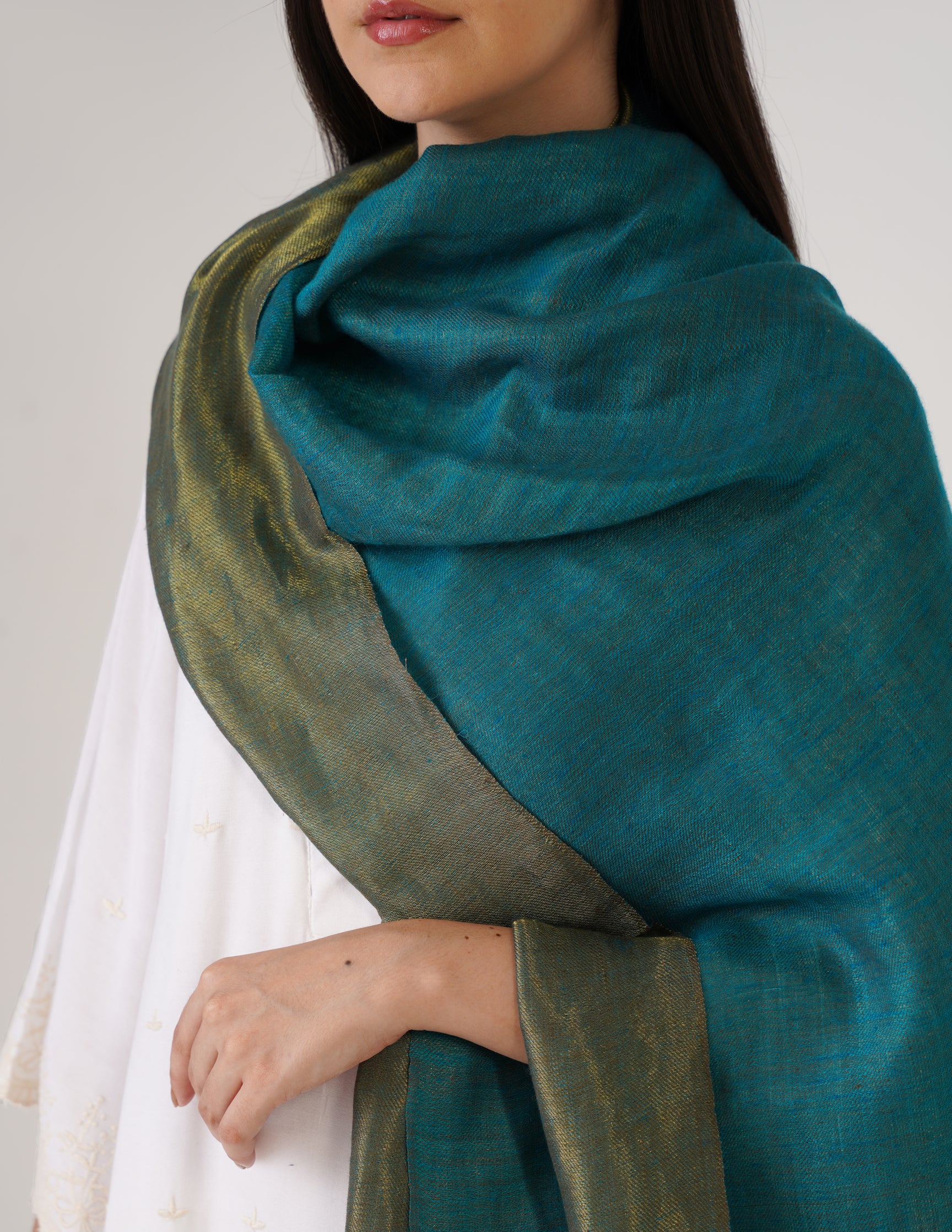 Kashmiri Handwoven Pashmina Reversible Stole – Turkish Blue & Metallic Golden | Handwoven Heritage - Kashmir Box