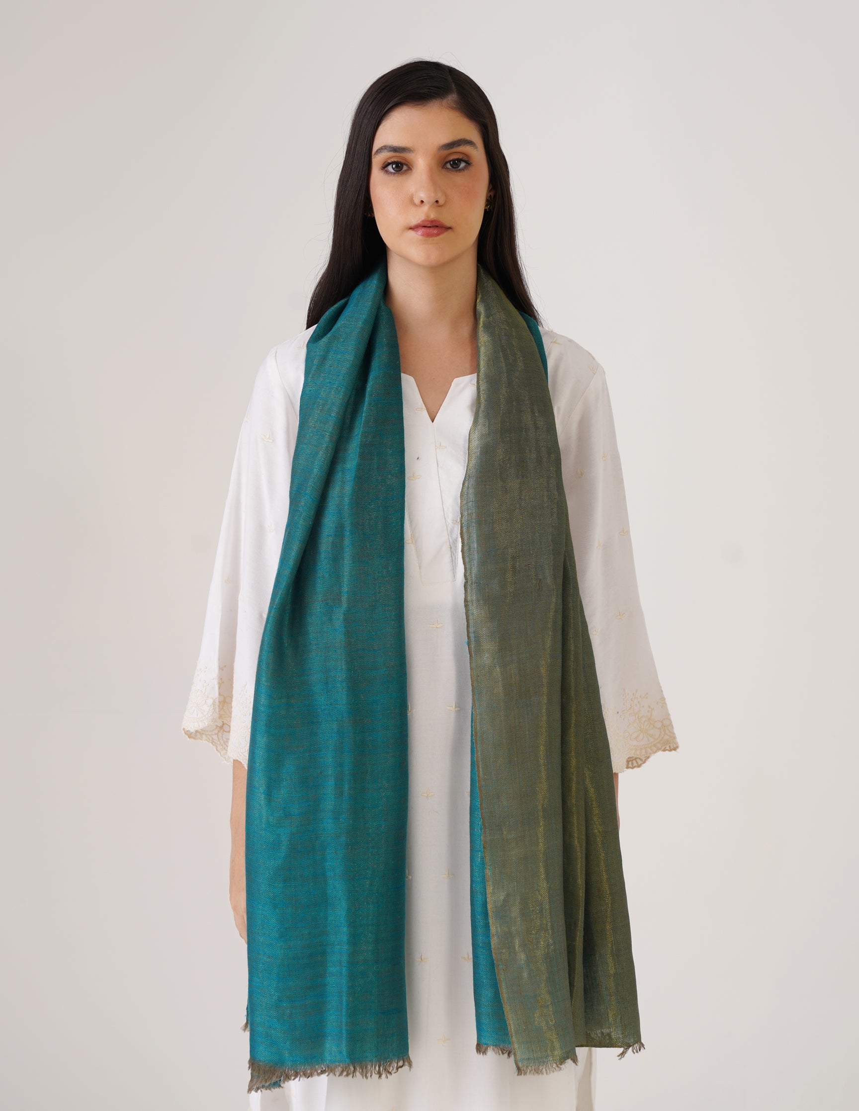Kashmiri Handwoven Pashmina Reversible Stole – Turkish Blue & Metallic Golden | Handwoven Heritage - Kashmir Box