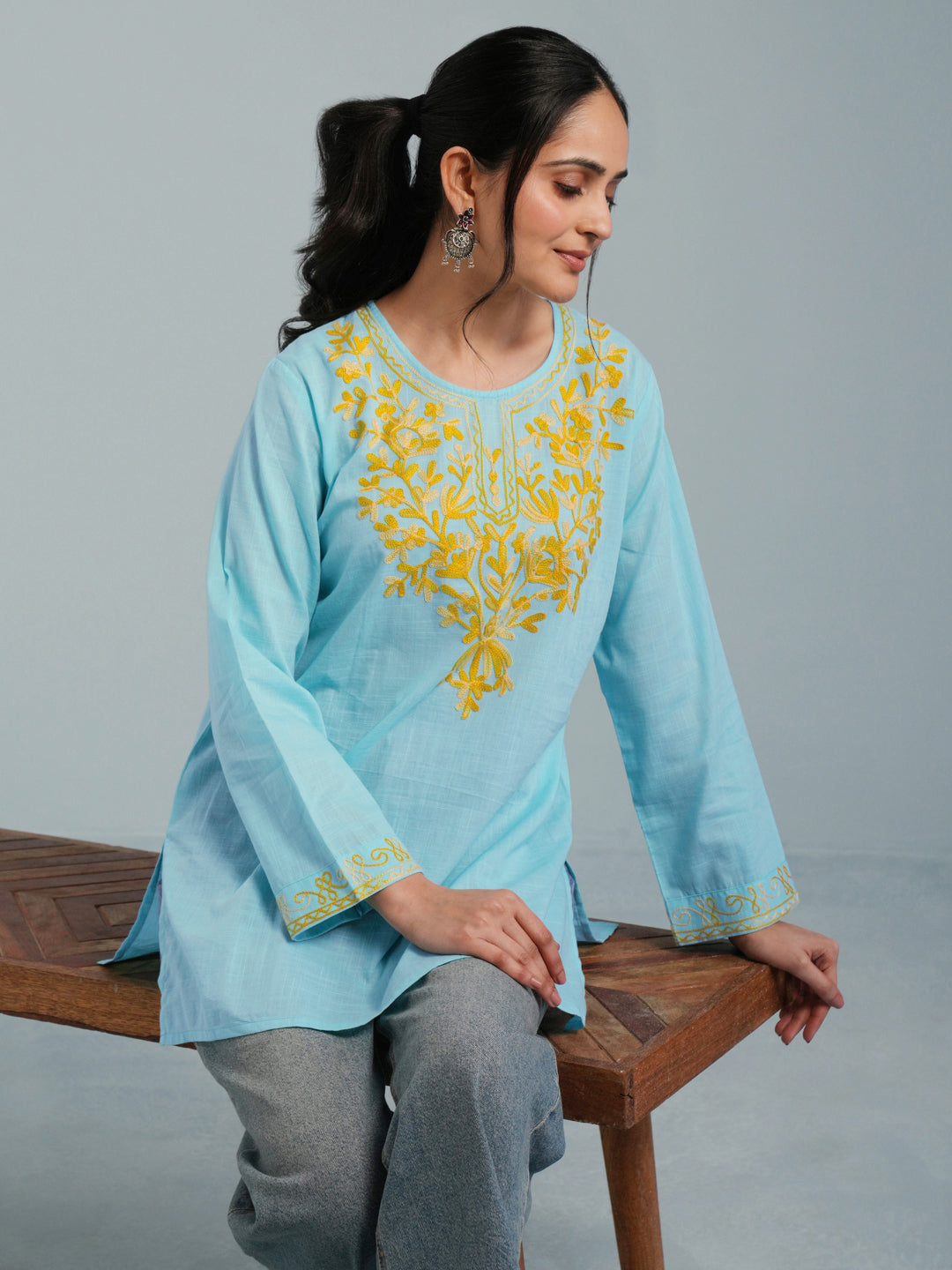 Sky Blue Kashmiri Aari Embroidered Rayon Kurta