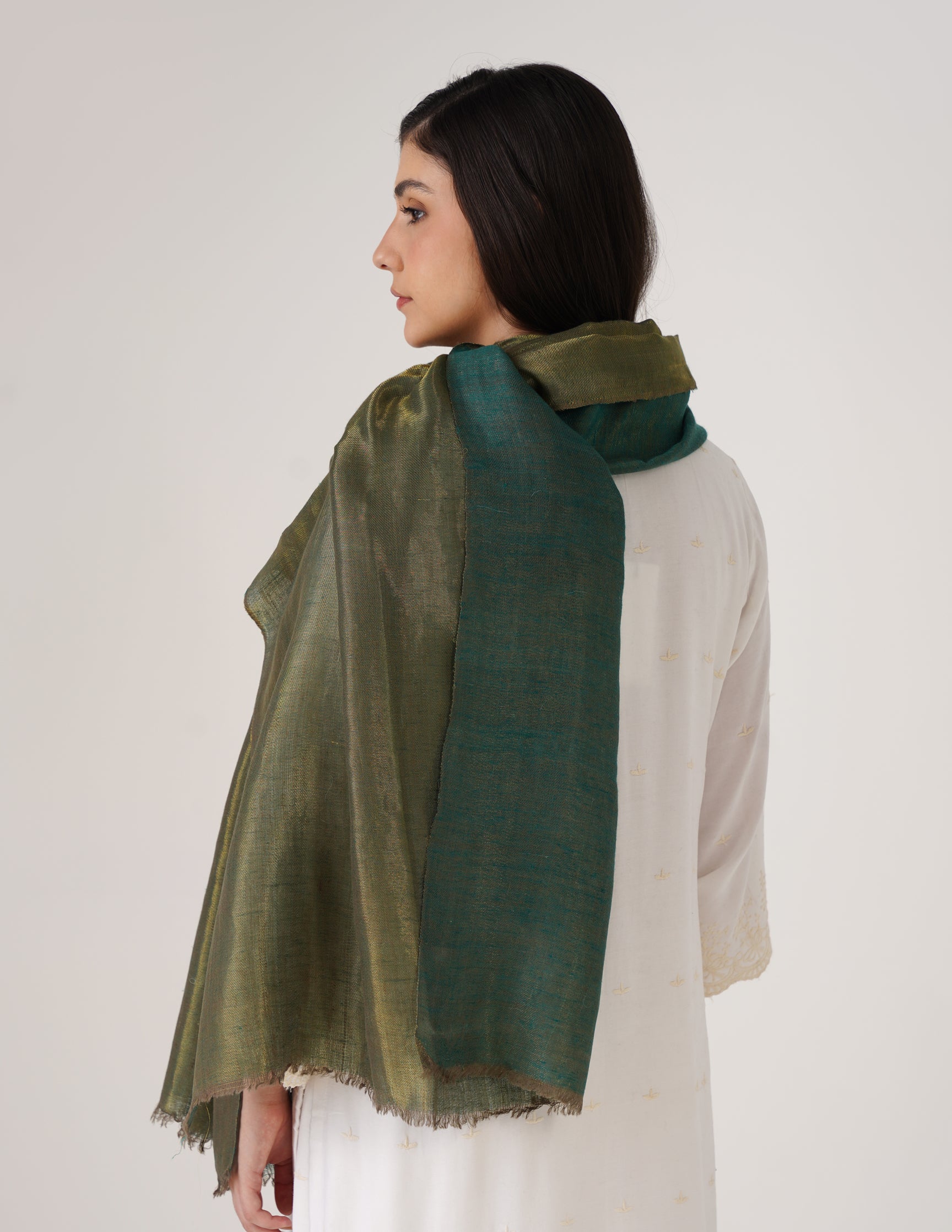 Kashmiri Handwoven Pashmina Reversible Stole – Green & Metallic Golden | Handwoven Heritage - Kashmir Box