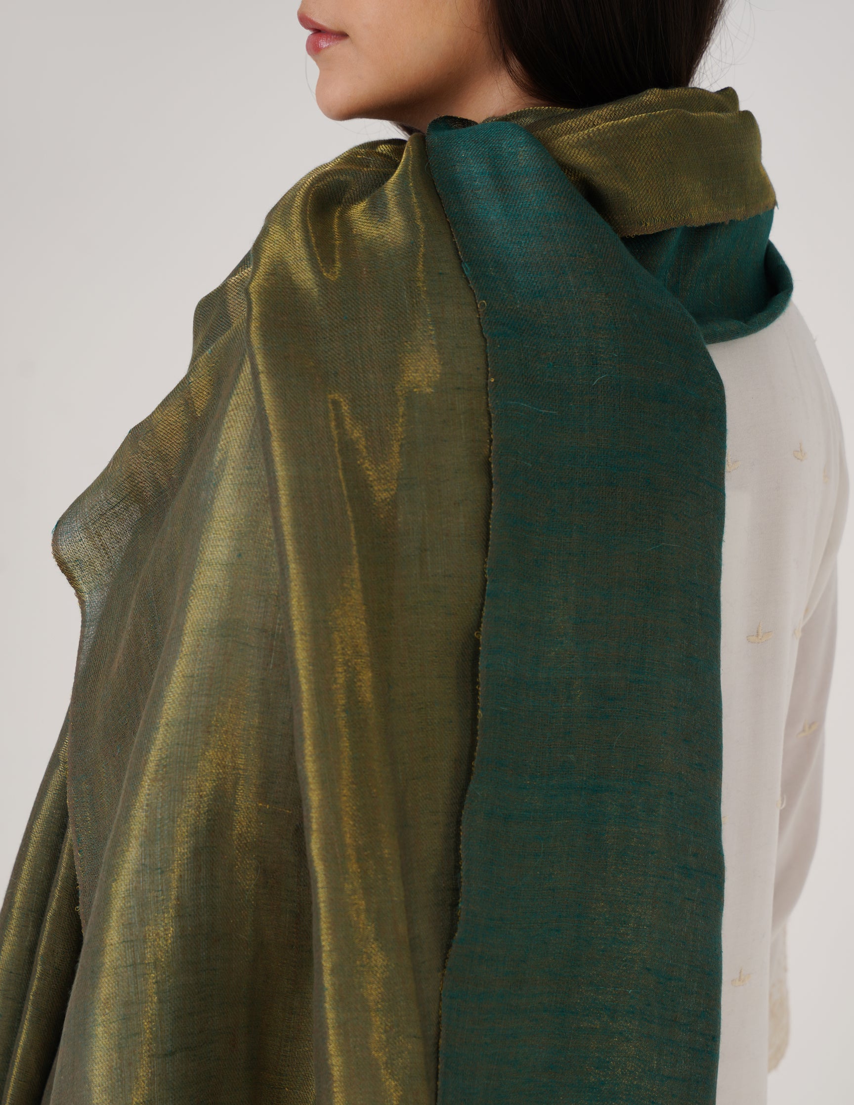 Kashmiri Handwoven Pashmina Reversible Stole – Green & Metallic Golden | Handwoven Heritage - Kashmir Box