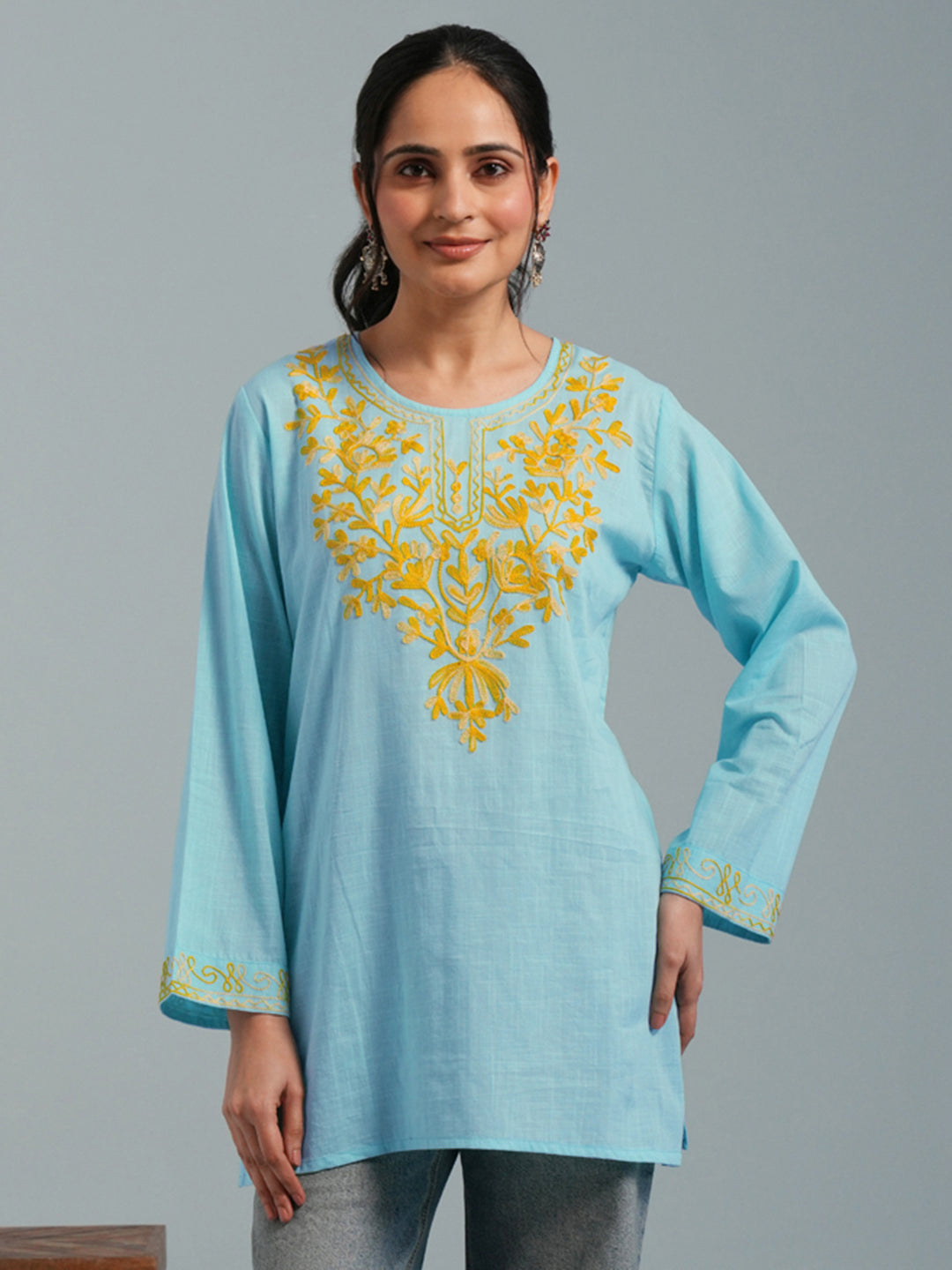 Sky Blue Kashmiri Aari Embroidered Rayon Kurta