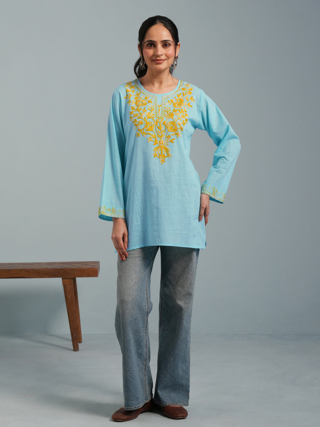 Sky Blue Kashmiri Aari Embroidered Rayon Kurta