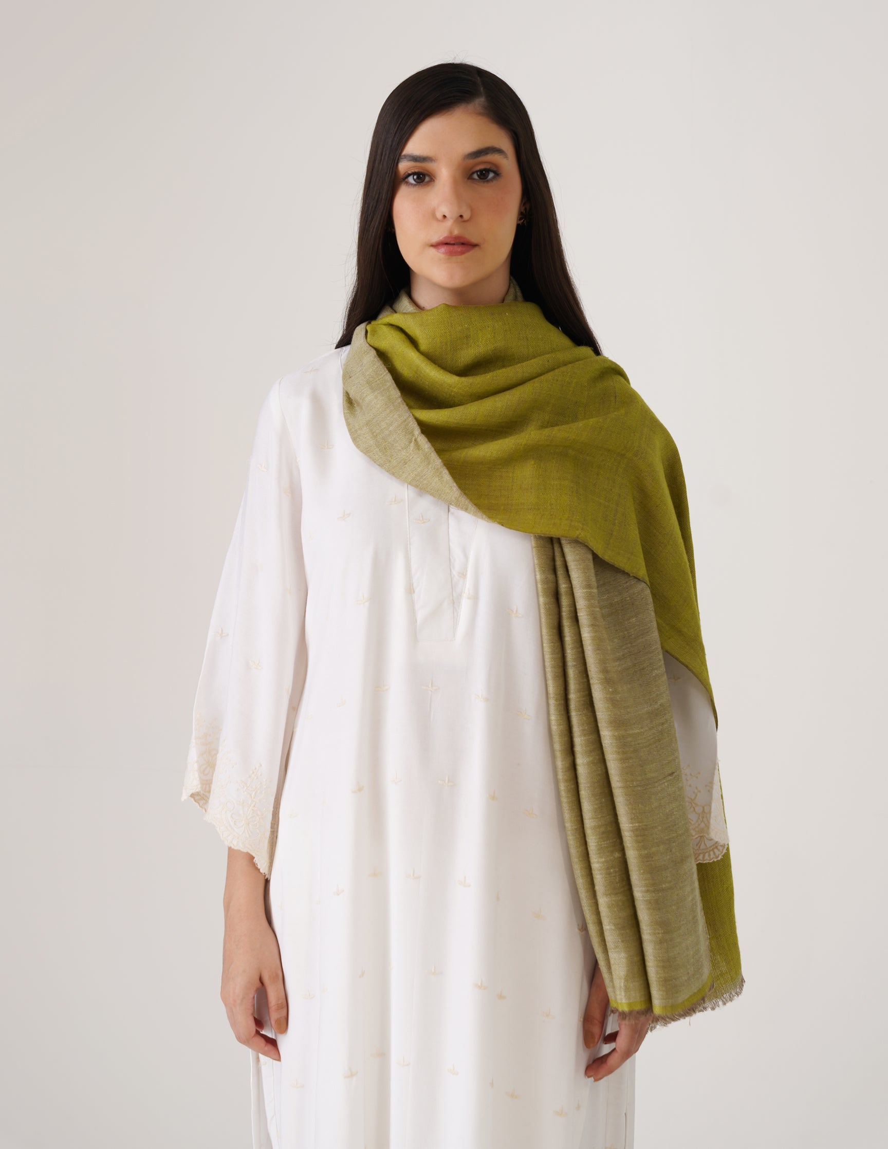 Kashmiri Handwoven Pashmina Reversible Stole – Olive Green & White Asparagus | Handwoven Heritage - Kashmir Box